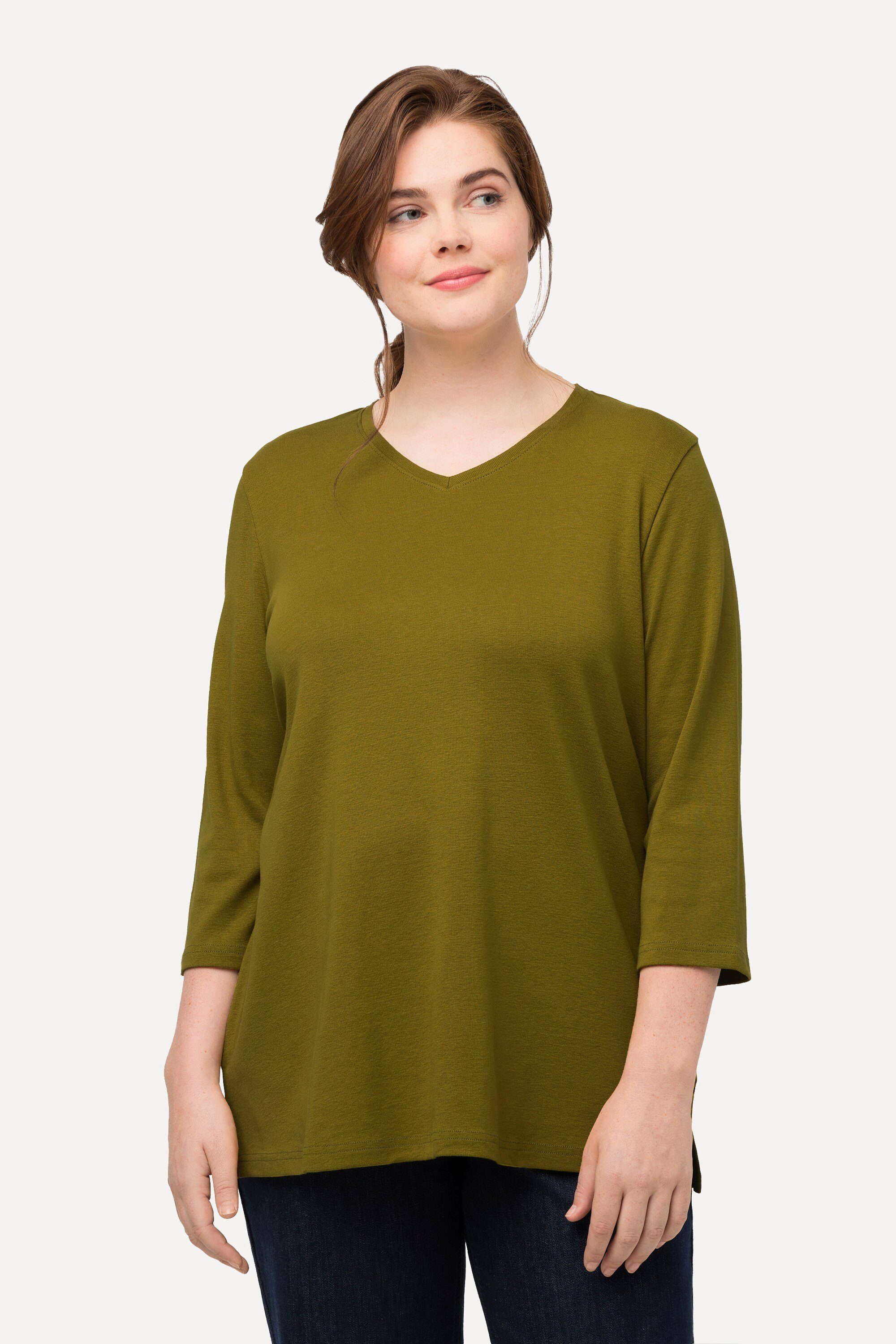 Ulla Popken Rundhalsshirt Shirt Rippjersey V-Ausschnitt 3/4-Arm Biobaumwolle gelbgrün