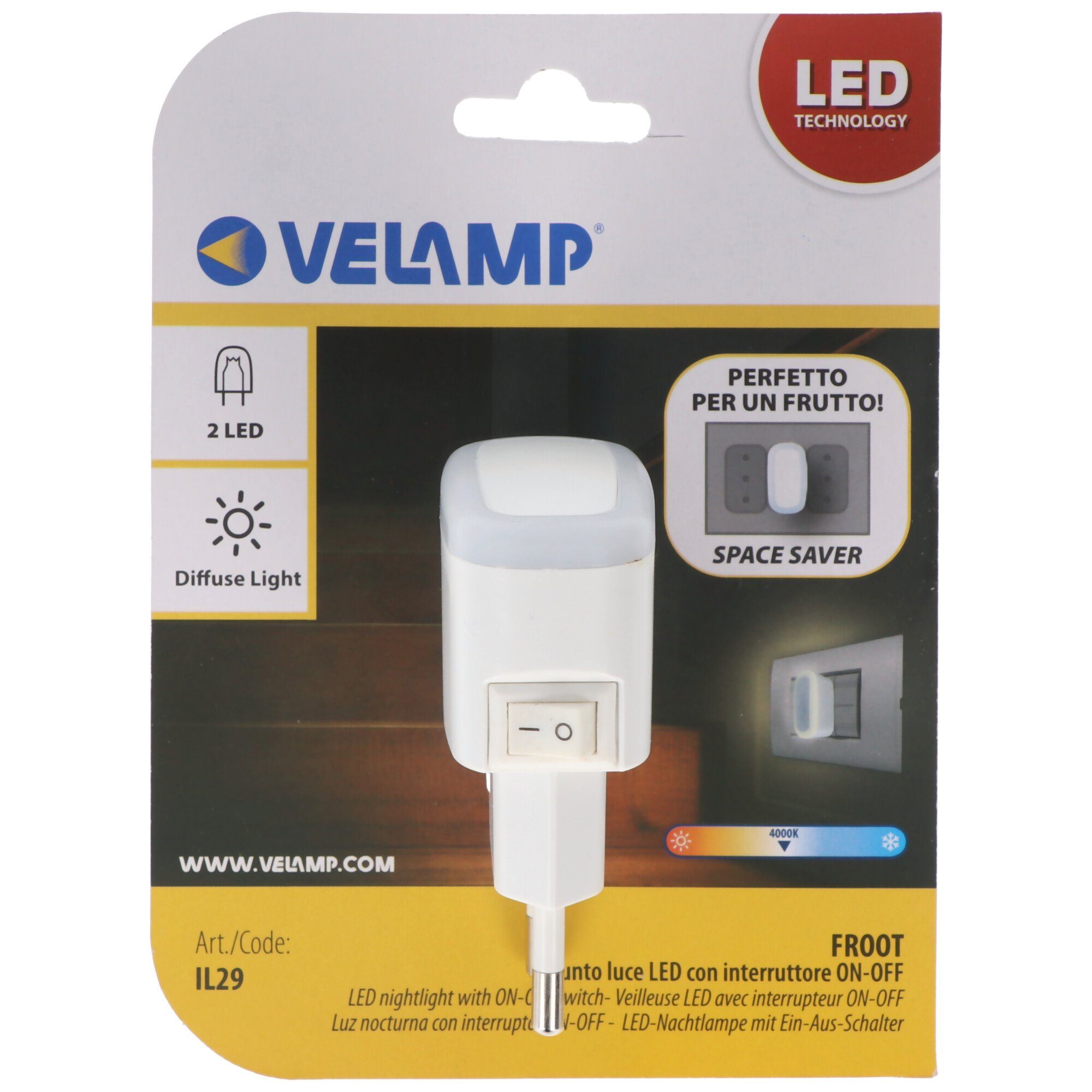 Velamp LED Nachtlicht Velamp FROOT, LED-Nachtlicht mit EIN/AUS-Schalter, extra kompakt, ver