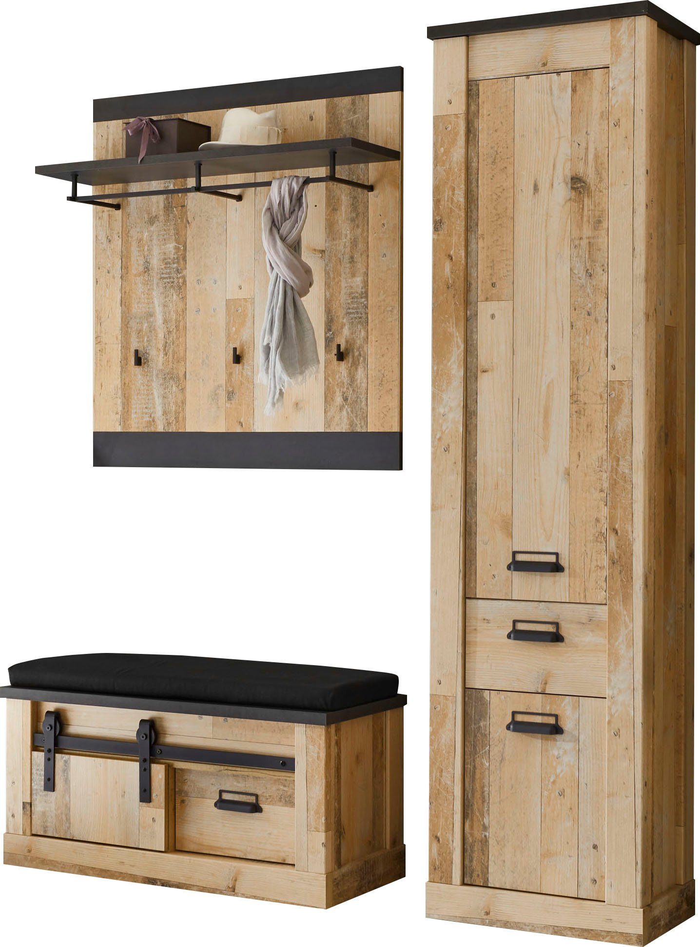 Home affaire Шкафы-Set SHERWOOD, (3-St), mit Scheunentorbeschlag, Apothekergriffe aus Metall, Breite ca. 164 cm