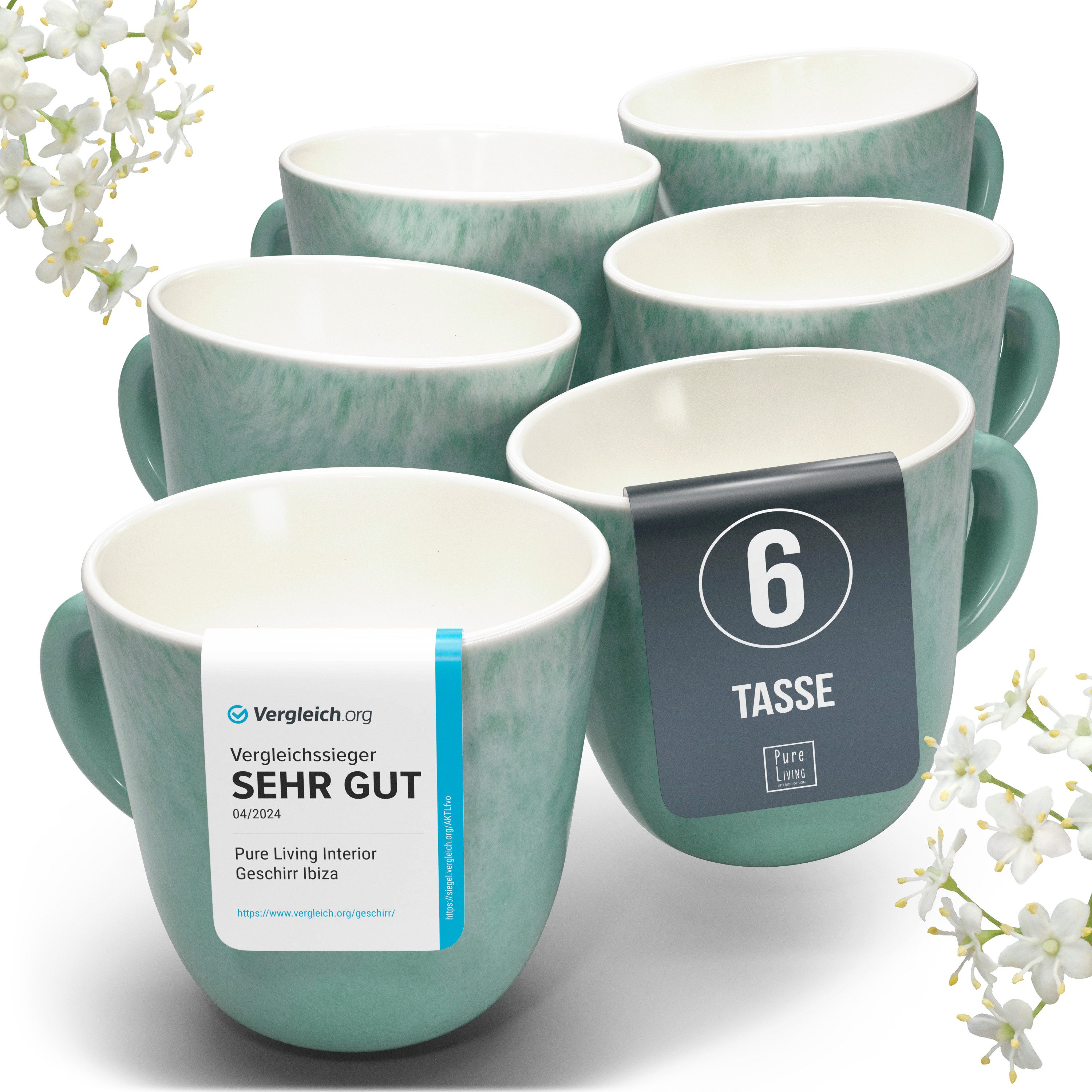 PURE LIVING INTERIOR DESIGN Geschirr-Set Ibiza Becher, 6er-Set, 435 ml, Türkis, Steingut (6-tlg), 6 Personen, Steingut, Spülmaschinenfest, mikrowellengeeignet, für Heißgetränke geeignet