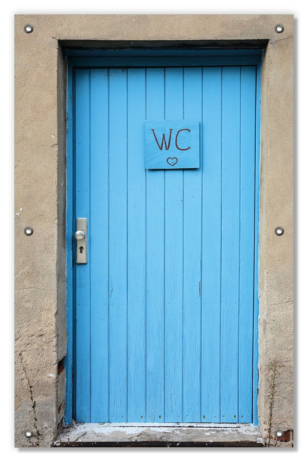 Sonnenschutz Blaue Tür einer Toilette in einer verlassenen Fabrik in Magdeburg, Wallario, blickdicht, mit Saugnäpfen, wiederablösbar und wiederverwendbar