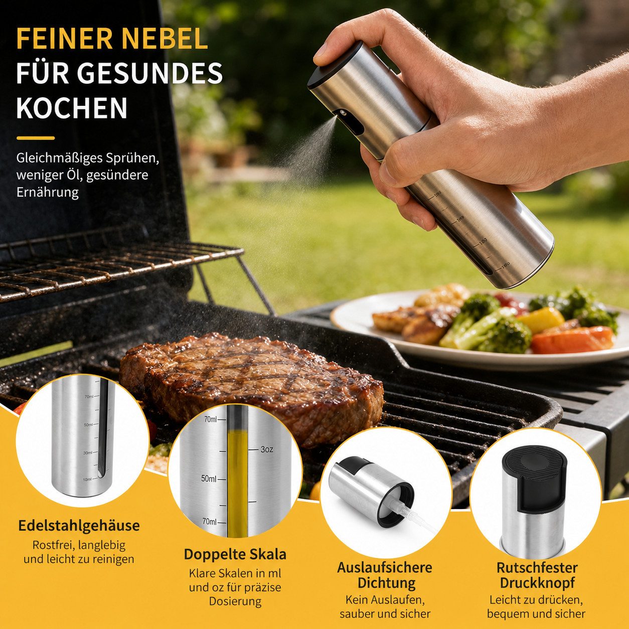 ibettertec Ölspender Edelstahl Ölspender 2er Set 100ml, Öl Sprüher mit Messskala, (Hochwertiger Ölzerstäuber aus Edelstahl, rostfrei und langlebig, 2-tlg., für  – Bild 5 von 5
