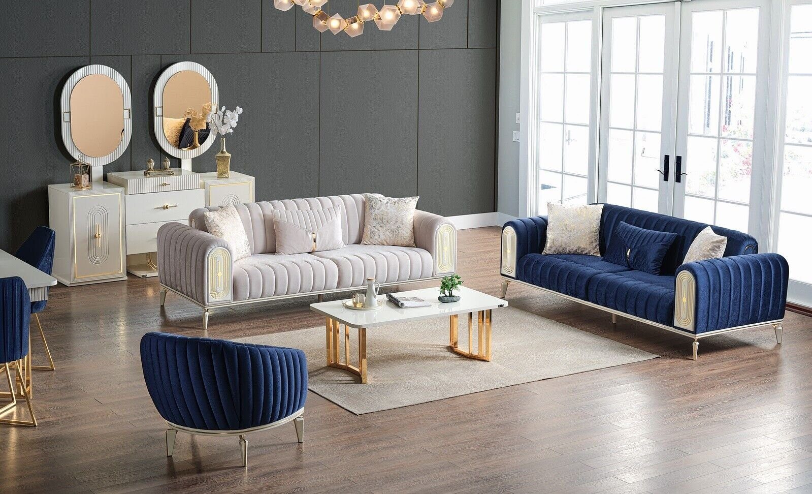 JVmoebel Wohnzimmer-Set Sofagarnitur 3+3+1 Sitzer Wohnzimmer Set Komplett Textil Sofa Sessel, (3-St., 2x Sofa 3 Sitzer + 1x Sessel), Made in Europa