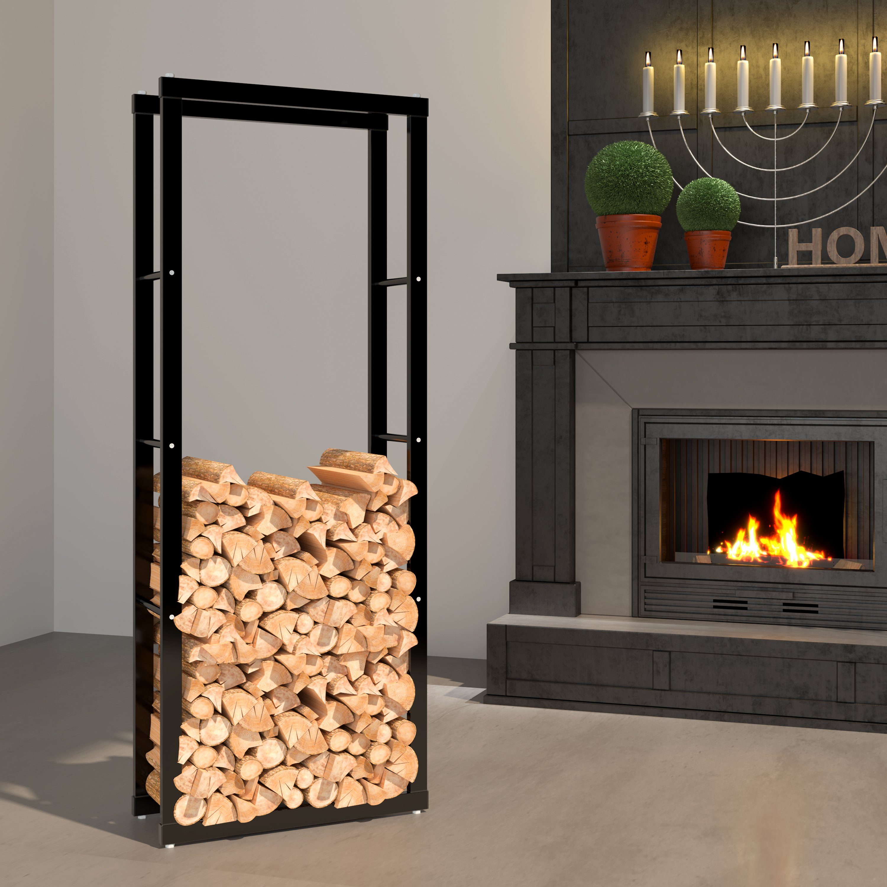 metra-direkt Kaminholzregal Metall - Innen & Außen - Robust & Platzsparend, BxTxH:60x25x150 cm, Stylisches Design, Ordnung & Übersichtlichkeit