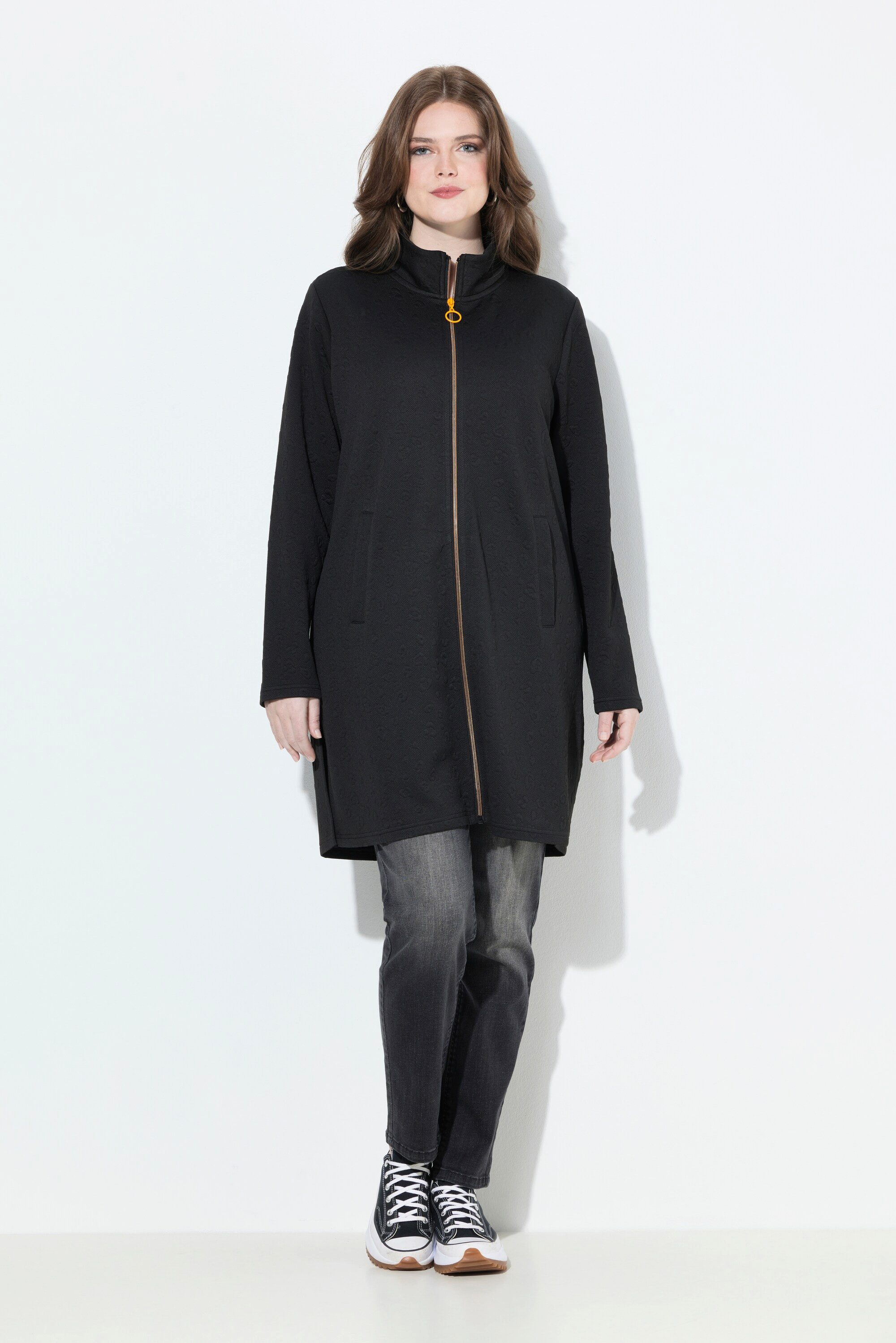 Ulla Popken Sweatjacke Longjacke Leomuster Stehkragen Zipper Langarm günstig online kaufen