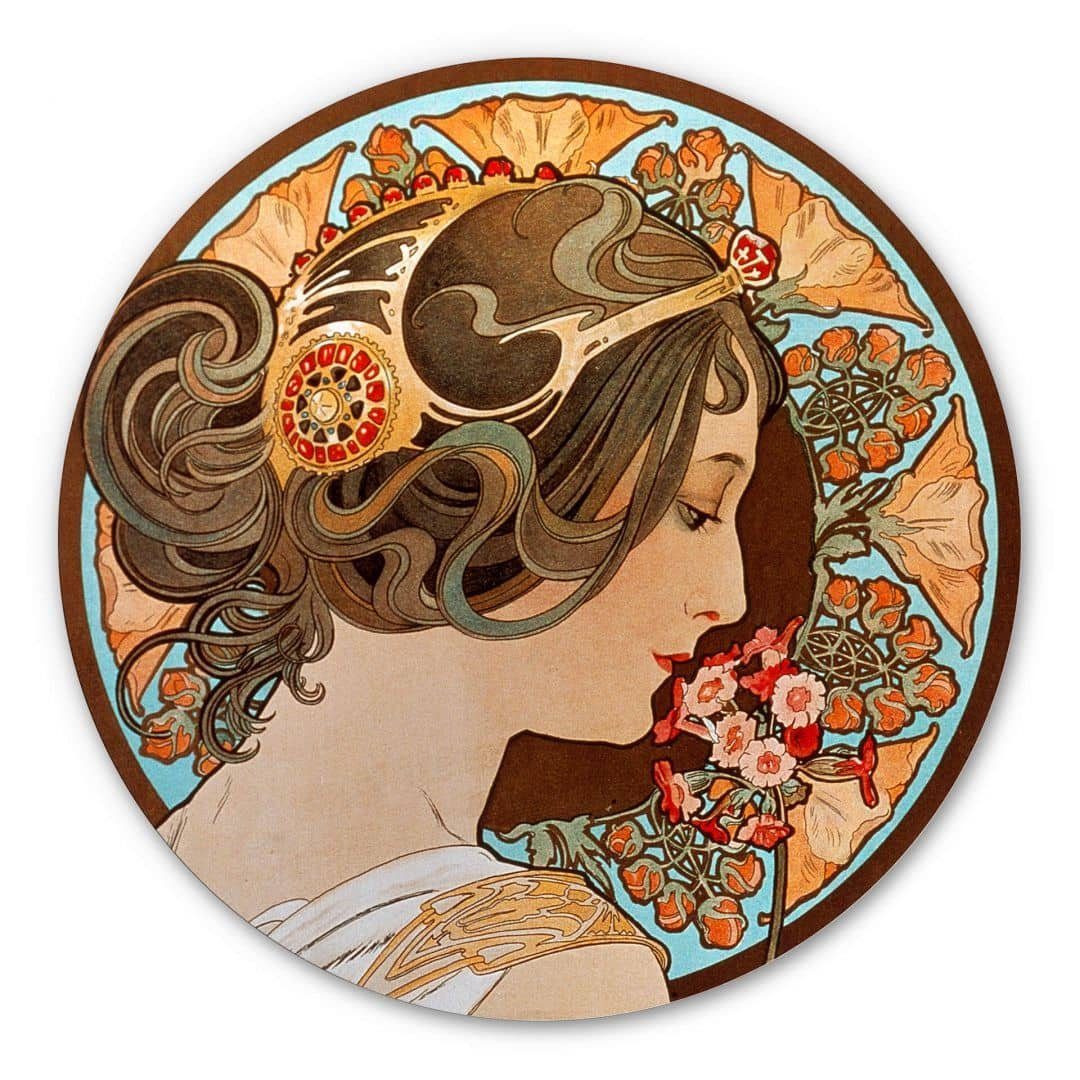 K&L Wall Art Alu-Dibond-Druck Metallbild Schlüsselblume Art Nouveau Deko Blumen Mucha, Metalloptik Wandbild Ø 20cm, Metall Wandbild fürs Wohnzimmer Metallschild inkl. Wandhalterung