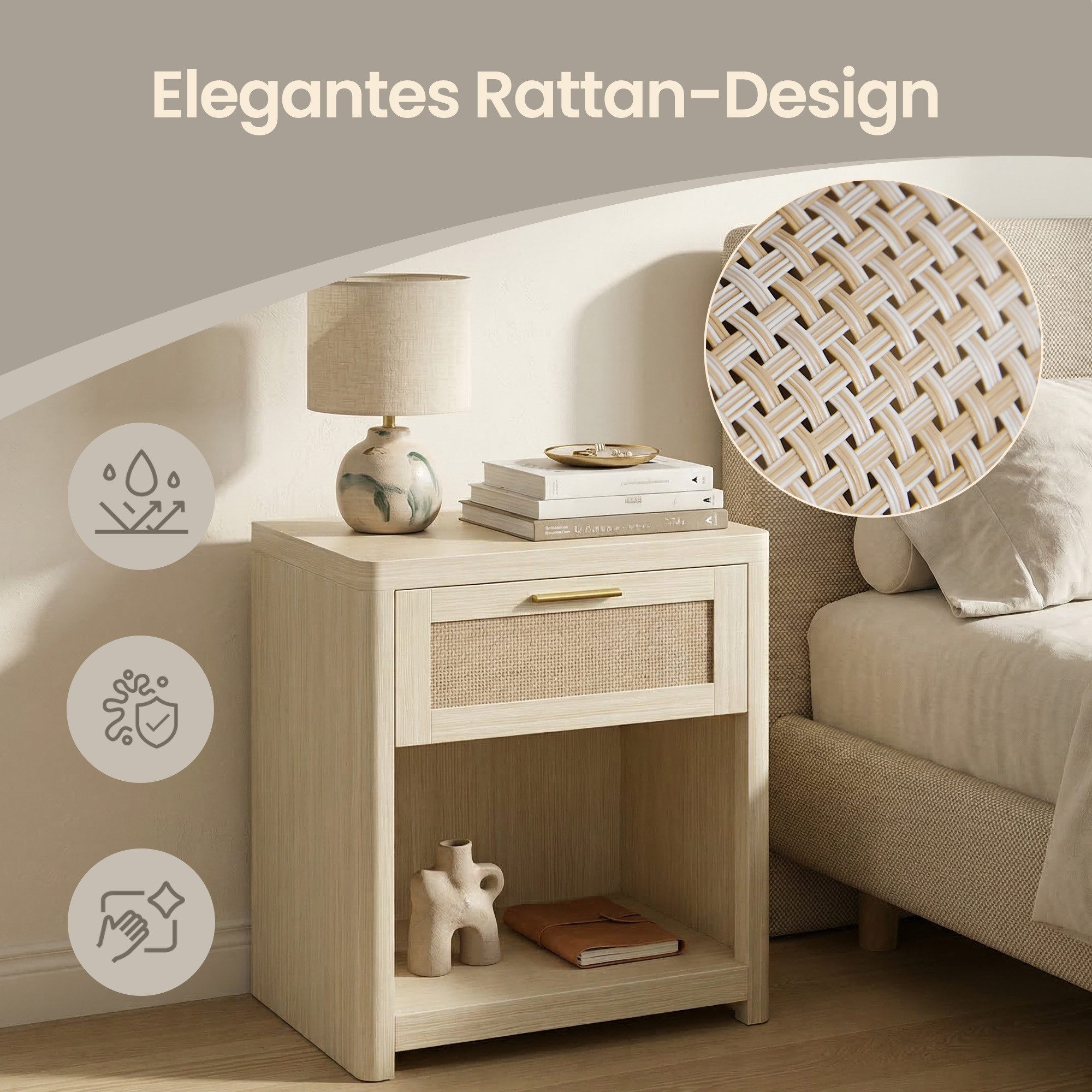 VASAGLE Nachttisch 2er Set Beistelltisch mit Schublade in Rattan-Optik, für Schlafzimmer neben dem Bett, Boho-Stil, mit offenem Fach – Bild 4 von 5