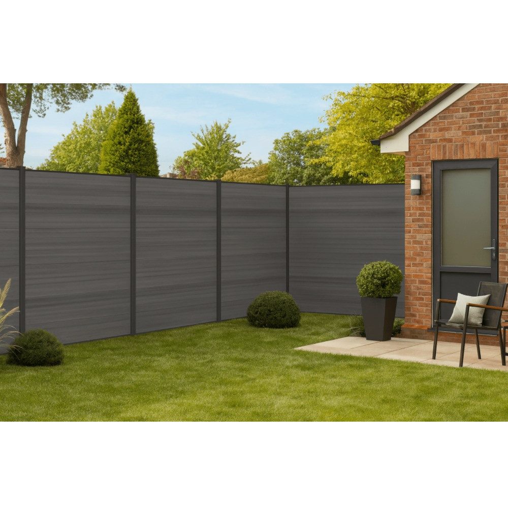 Woodstore24 Zaun Komplettset XXXL Premium coex. WPC Zaun zum einbetonieren grau, (Sichtschutz - 1,79 m Breite, 1,73 Höhe, 2 cm Stärke, Lamellenzaun Komplettset inkl. Pfosten, Start- und Endprofil), Stecksystem aus recyceltem Kunststoff & Holzfasern, grau