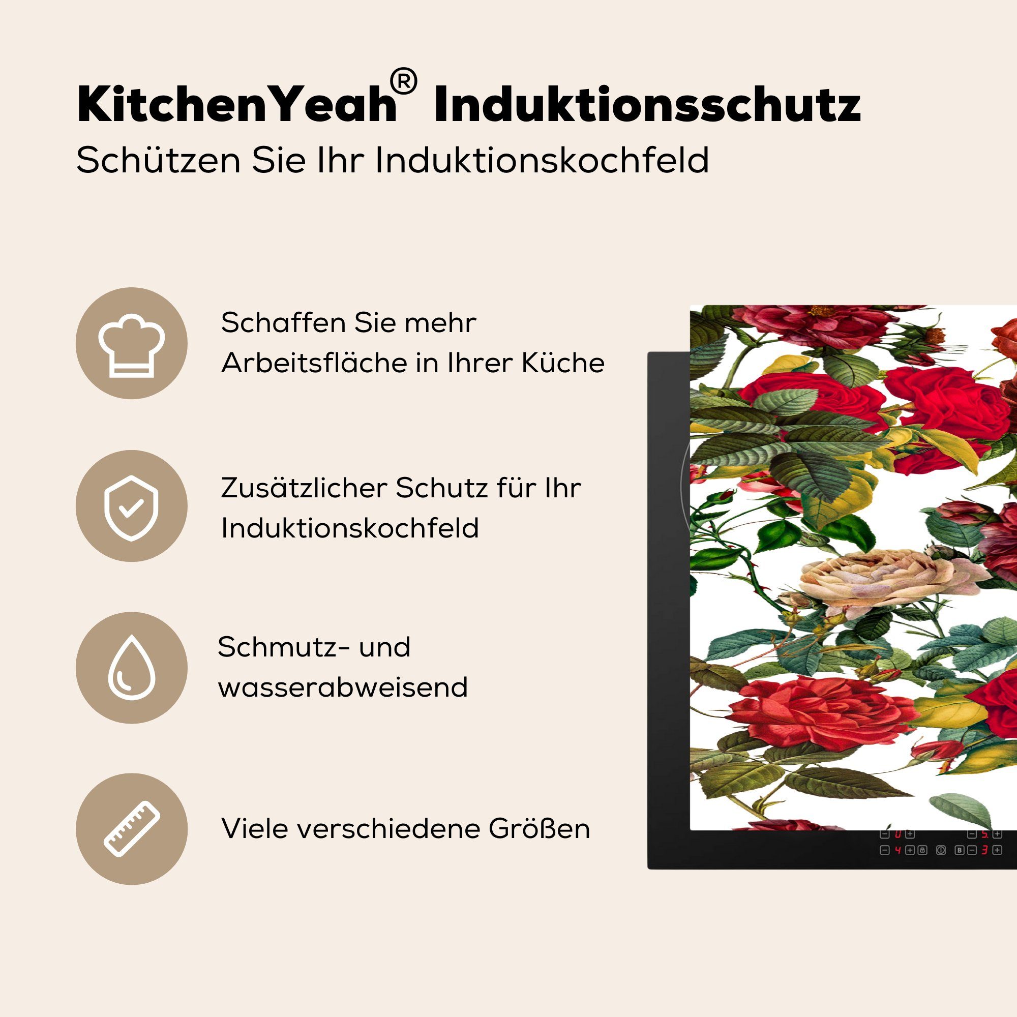 81x52 - Schutz Weiß, cm, Vinyl, Rose Herdblende-/Abdeckplatte küche, tlg), Ceranfeldabdeckung für MuchoWow - Induktionskochfeld die (1 Blumen