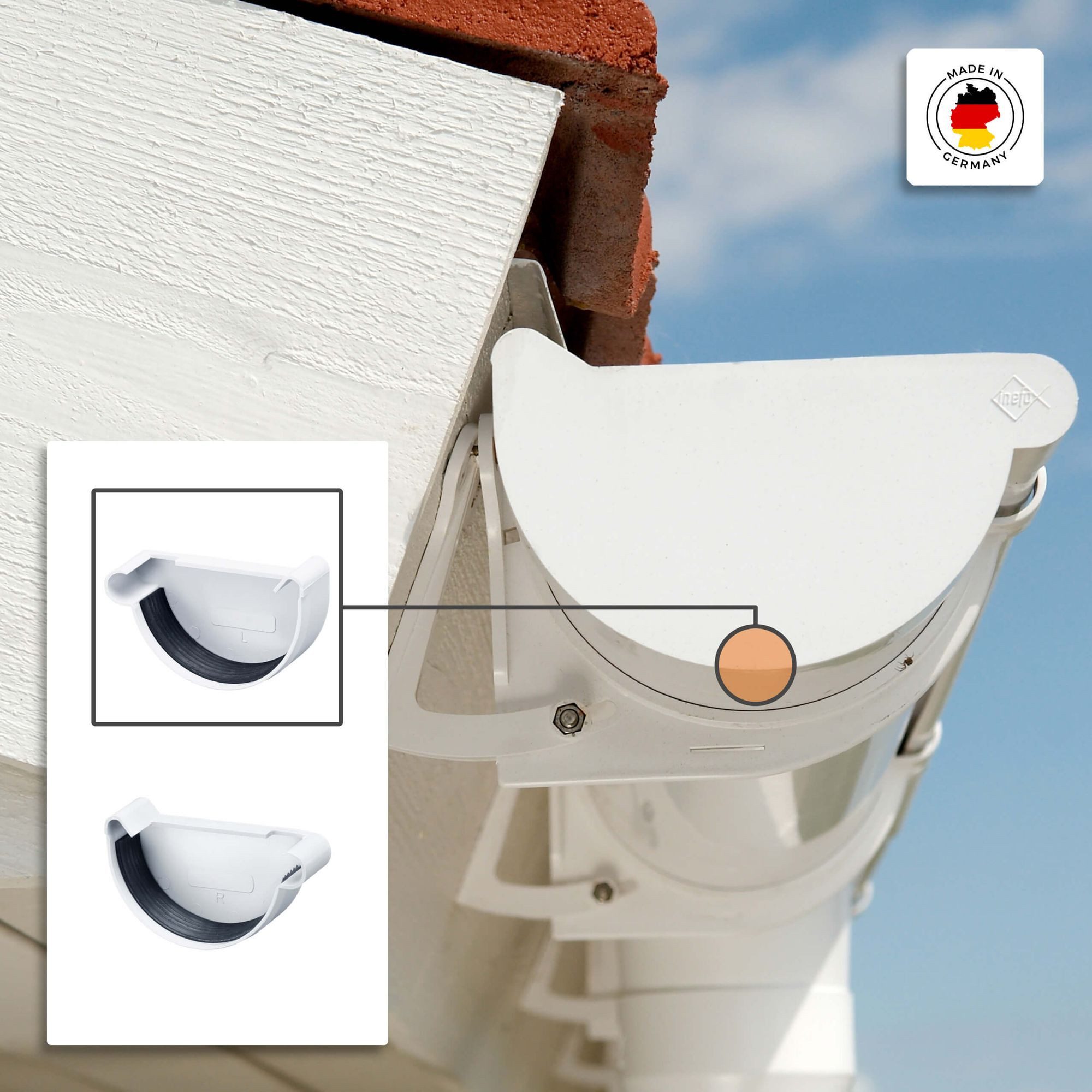 INEFA Dachrinne Rinnenendstück halbrund, NW 100. links, 1-St., Dachrinnen, Kunststoffrinne für Gartenhaus, Gewächshaus - Endstück