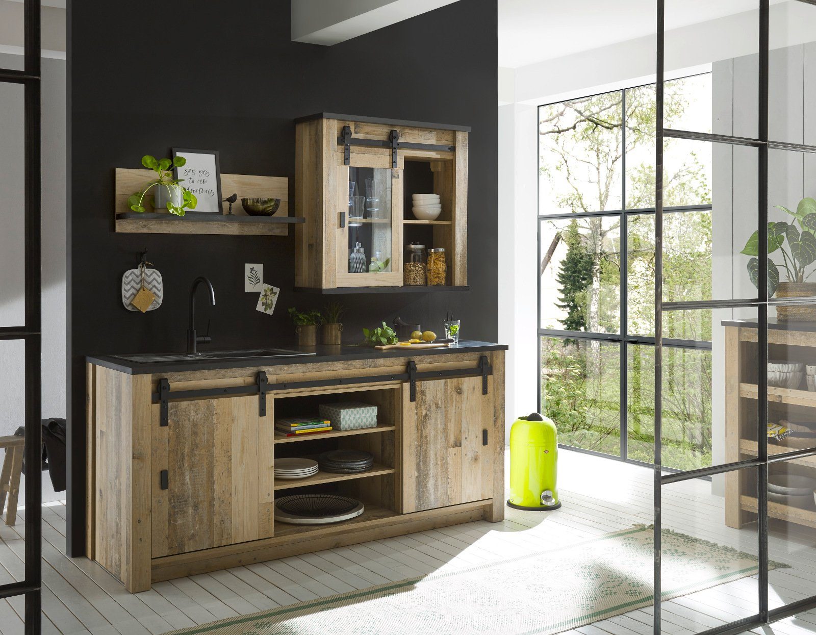 Furn.Design Küchenzeile Stove, (Küchenschrank-Set in Used Wood / Altholz Dekor), Breite 201 cm, mit Schwebetüren