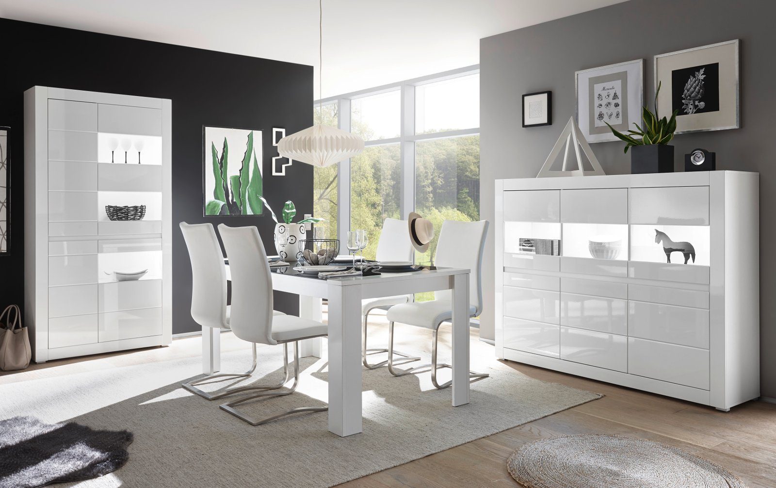 Furn.Design Wohnwand Nobile, Möbel-Set in mit Hochglanz, weiß), 4-teilig (Wohn- und Soft-Close Esszimmer