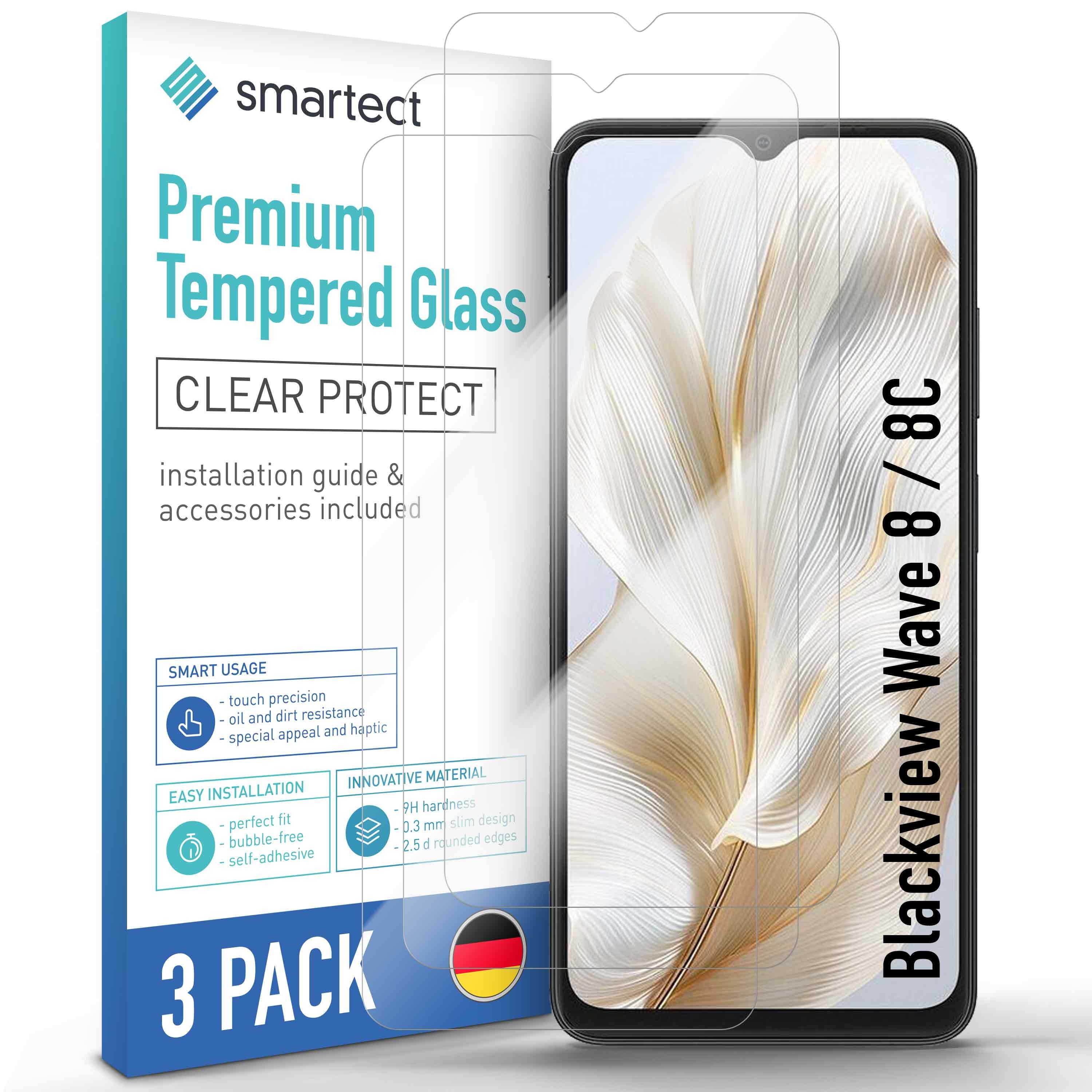 smartect Displayschutzglas 3X Schutzglas Panzerfolie Klar für Blackview Wave 8 / 8C für Blackview Wave 8 / 8C, Set, 3 Stück, 0.3 mm Ultra-klar, 9H Härte, Kratzfest, Stoßfest, Blasenfrei, Oleophob