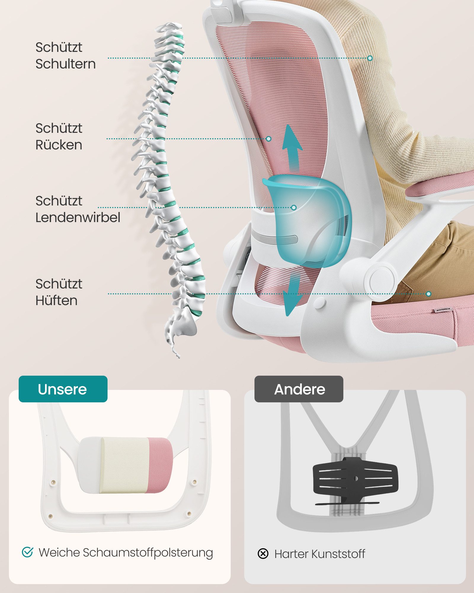 SONGMICS Bürostuhl ergonomischer Drehstuhl mit Mesh, Lendenstütze, Wippfunktion, ohne Kopfstütze, 53 cm breite Sitzfläche und klappbaren Armlehnen – Bild 4 von 5