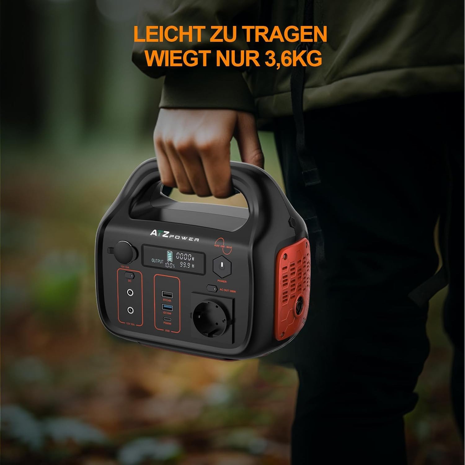 ATZ Power PYS-PEP-E00300 Power Station 296Wh, 300W Output, USB-C & Solar Charging PS-296Wh (12V - 28V), Portable Power Station 296Wh Battery, USB-C, Solar Charging, LED Light 3.6 kg