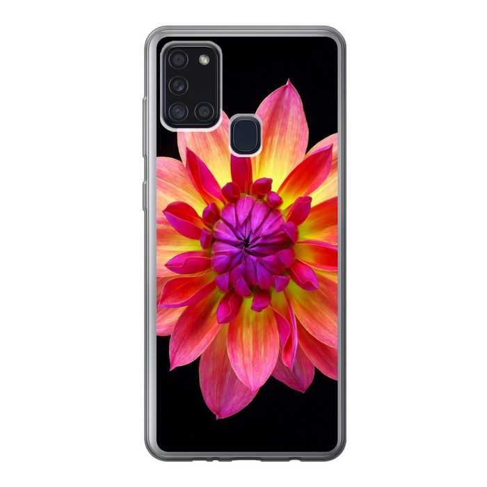 MuchoWow Handyhülle Eine Nahaufnahme der mehrfarbigen Dahlienblüte auf schwarzem Handyhülle Samsung Galaxy A21s Smartphone-Bumper Print Handy