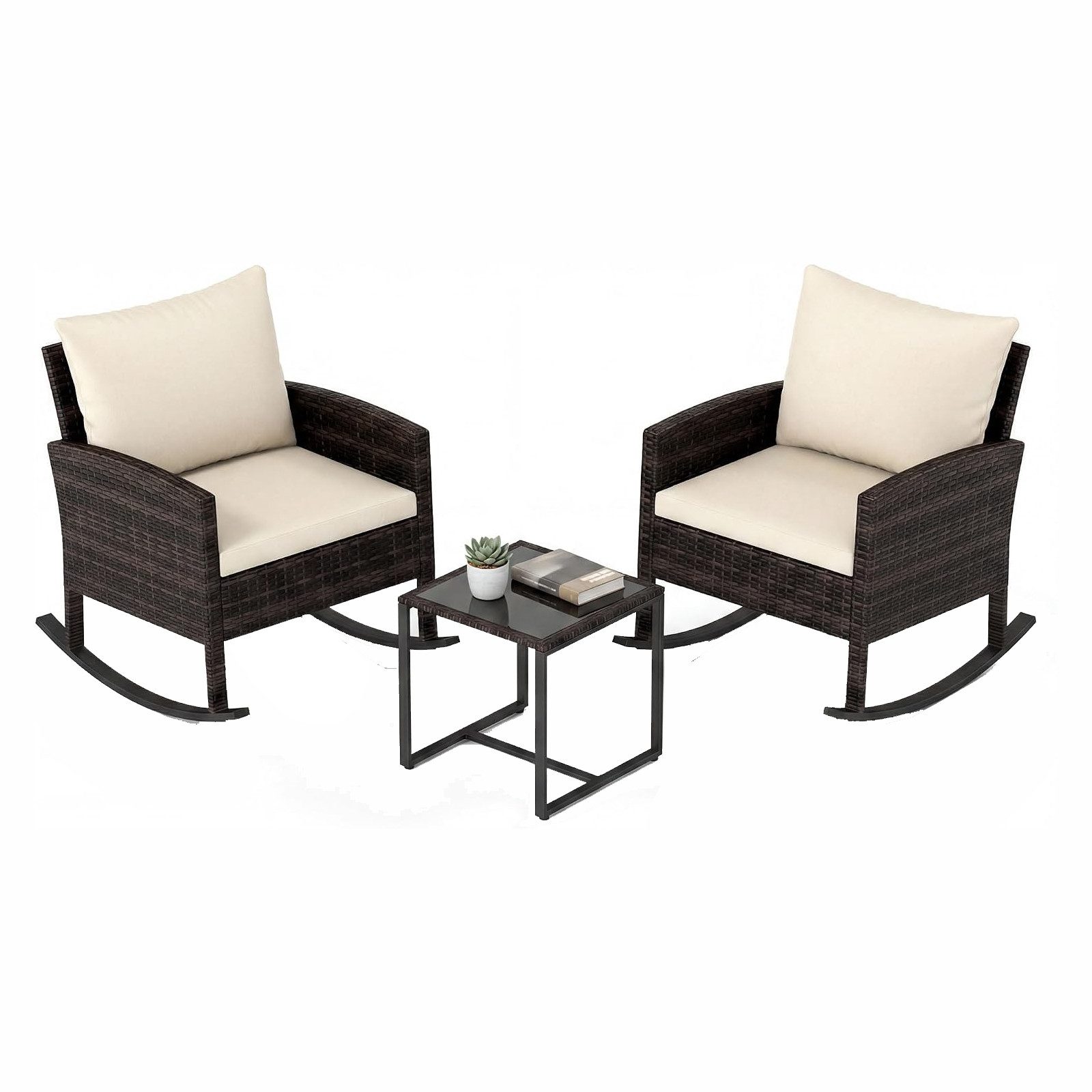 KOMFOTTEU Balkonset Gartenmöbel Set, (3-tlg), 2 Rattan Schaukelstühlen mit Glastisch