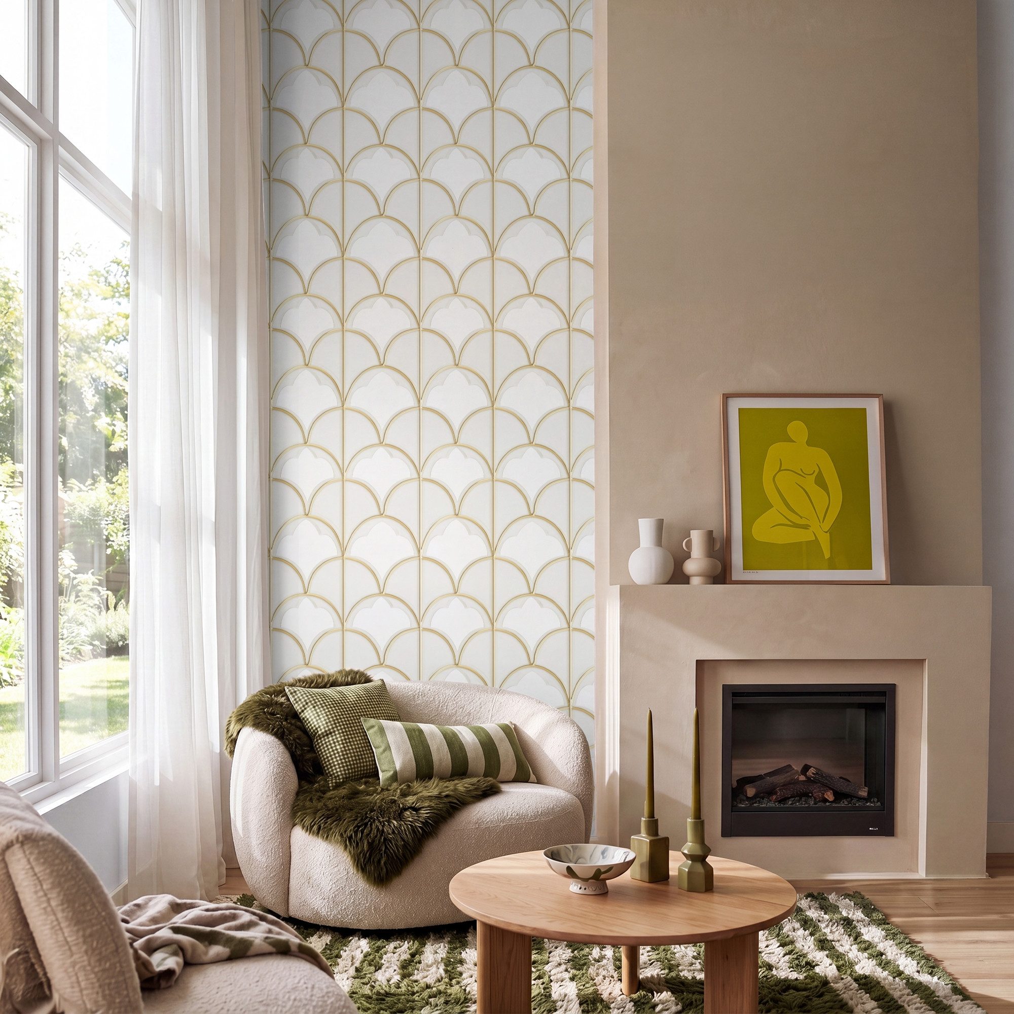 OnlyWow Fototapete Mosaik - Bögen - Gold, Matt, bedruckt, Schlafzimmer, Küche, Vliestapete, Modern 100x240cm