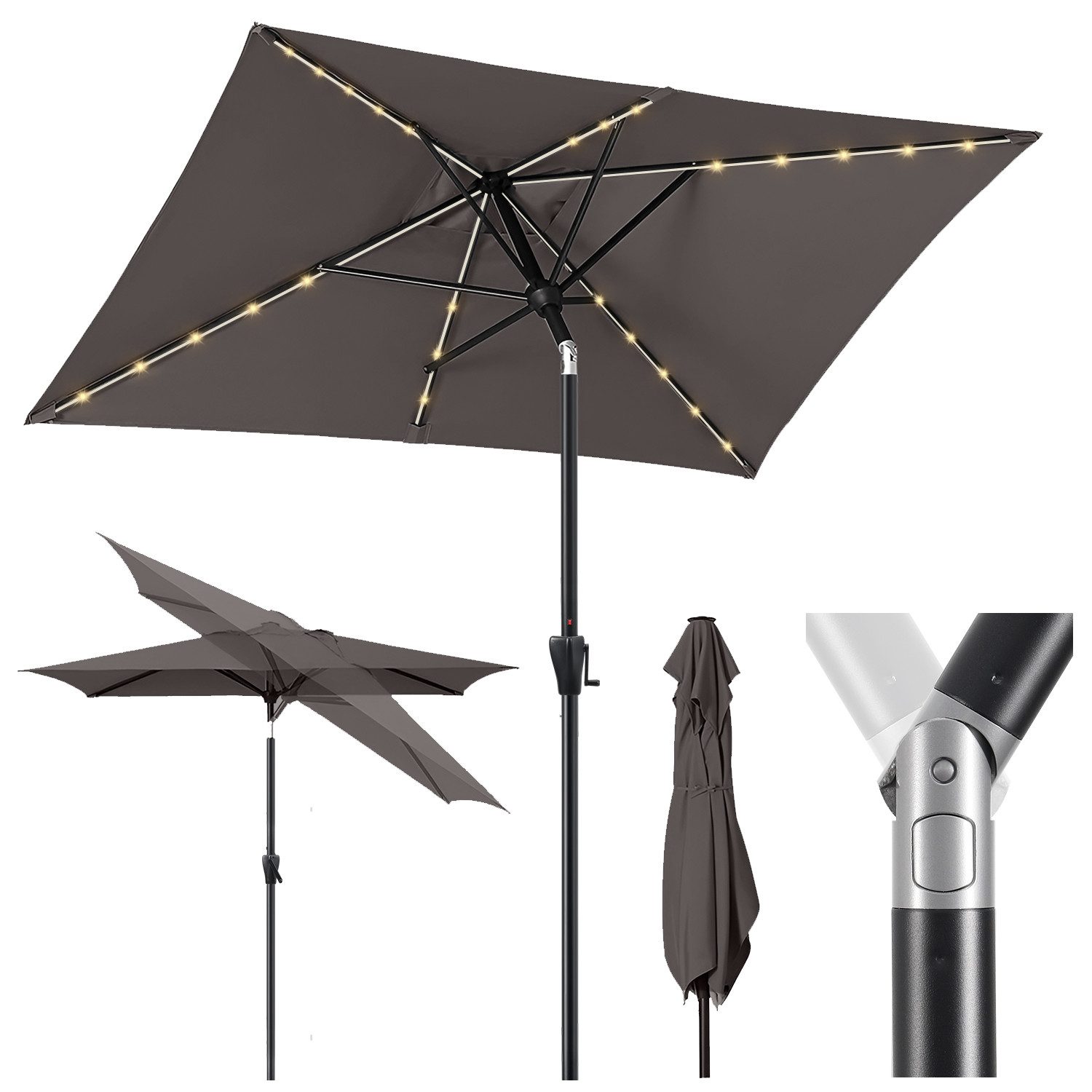 Sekey Sonnenschirm 210 x 140 cm Aluminum Sonnenschirm mit LED-Solar-Beleuchtung, LxB: 210,00x140 cm, UV50+ Sonnenschutz, kippbarer rechteckiger Gartenschirm mit Kurbel