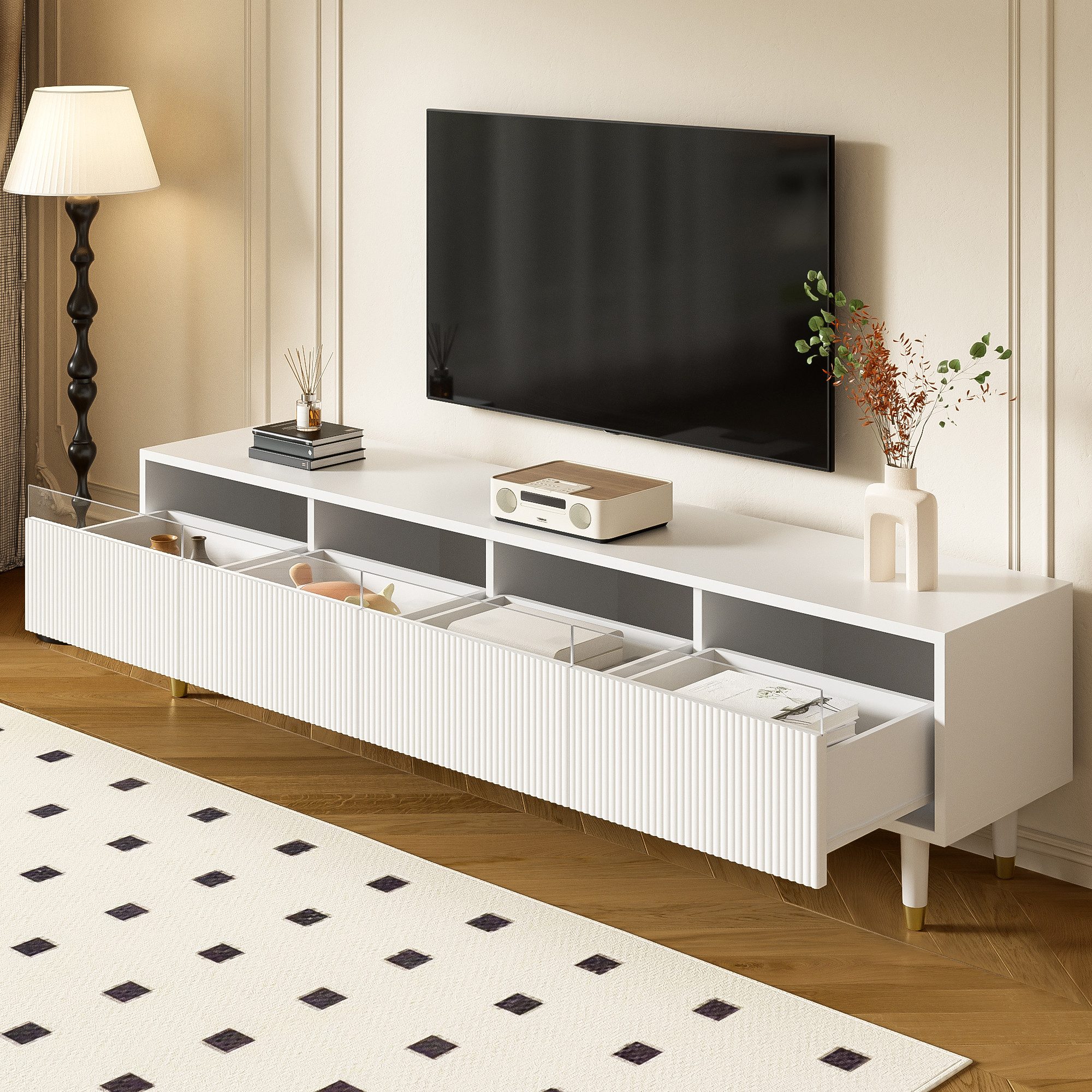 MODFU Lowboard in Holzoptik mit Acrylfronten, 178 cm Breite (Wohnzimmermöbel, TV-Board, 1 St., große Aufbewahrung, 4 Schubladen), aus MDF und Acryl