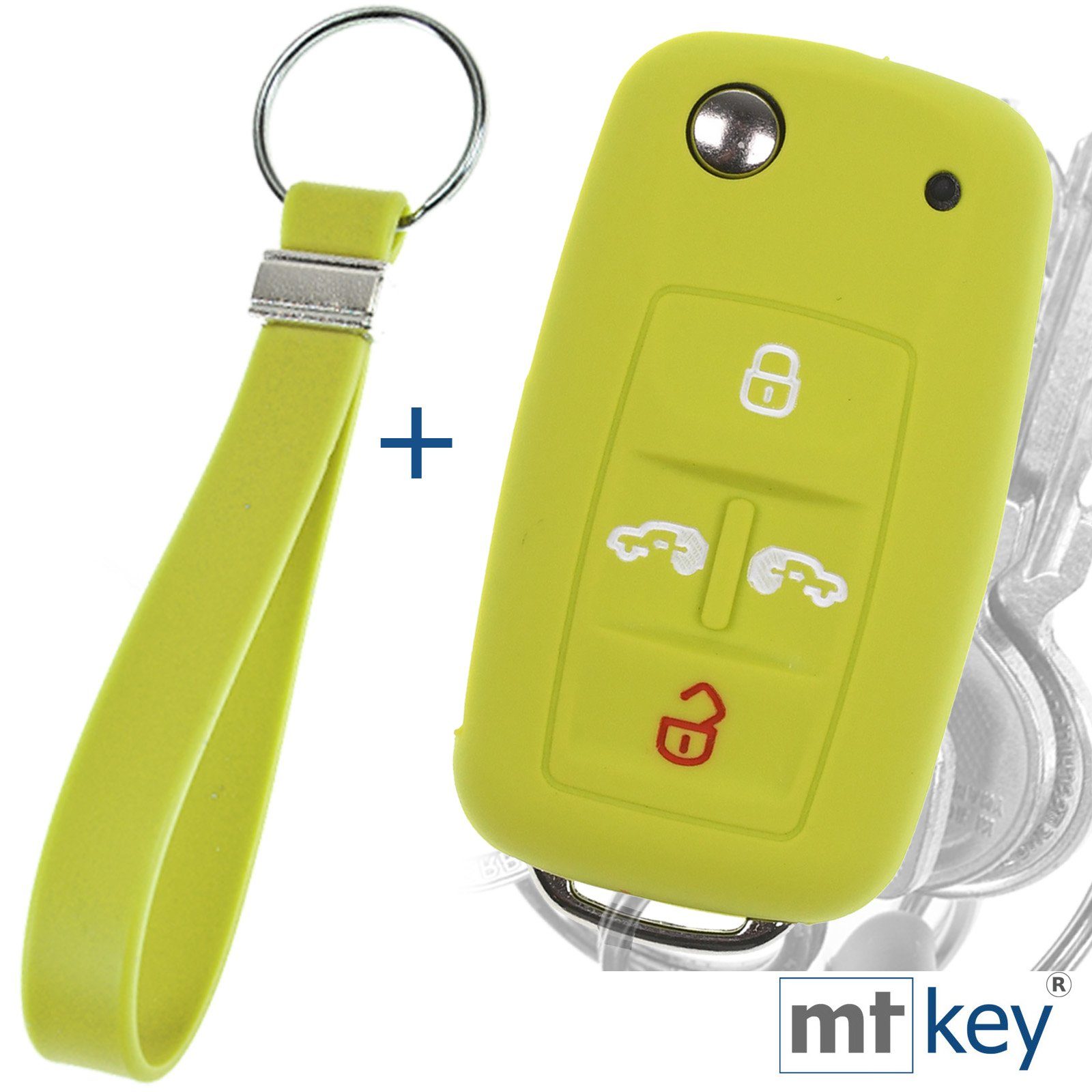 mt-key Schlüsseltasche Autoschlüssel Silikon Schutzhülle im Wabe Design Apfelgrün + Keytag (Set), VW Multivan Sharan T5 T6 Caddy Seat Alhambra 4 Tasten Schlüssel