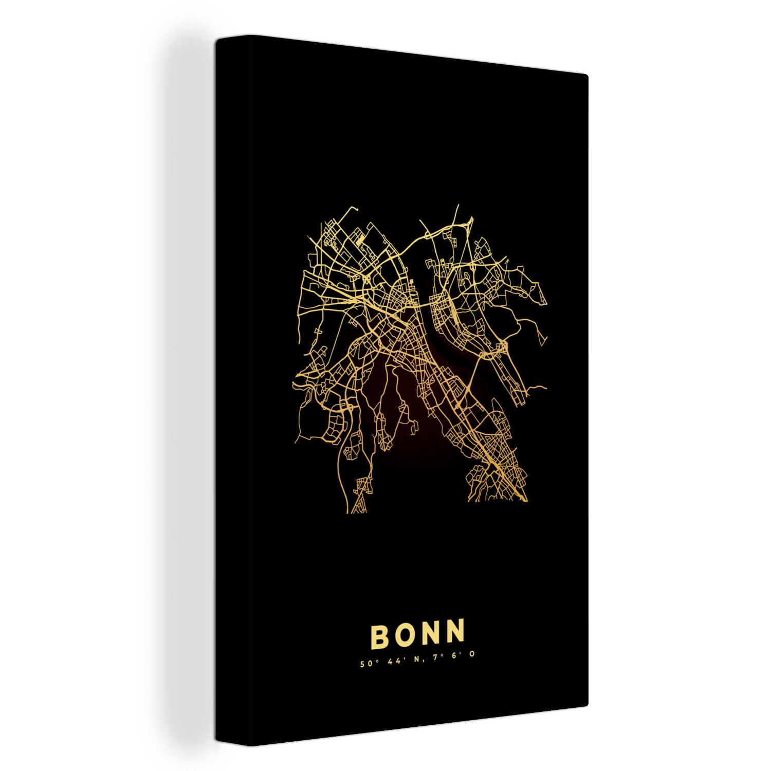 OneMillionCanvasses® Leinwandbild Karte - Bonn - Gold - Stadtplan, (1 St), Leinwandbild fertig bespannt inkl. Zackenaufhänger, Gemälde, 20x30 cm