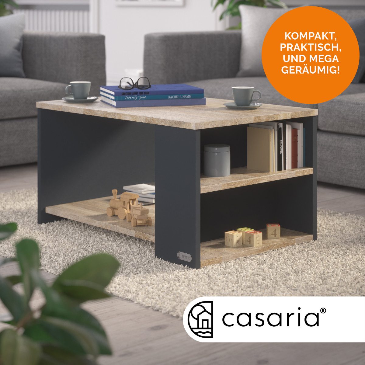 Casaria Couchtisch Santa Cruz, Holz Grau Wohnzimmertisch mit Stauraum 90x60 günstig online kaufen