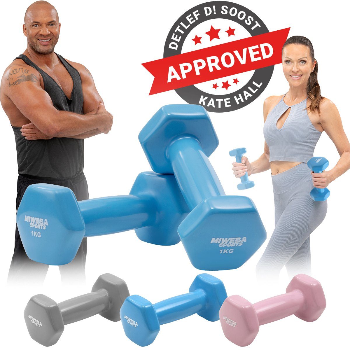 Miweba Sports Hantel-Set Gymnastikhanteln NKH110 - Vinyl, (rutschfest - bodenschonend - Fitness - Sport - Muskelaufbau - Pilates - Workout - Training - Krafttraining, 1 kg - 2 kg - 3 kg, 3 Farben, Hexagon-Form, Vinyl, 2er-Set), Kurzhantel Aerobic Hantel Set Fitnesshanteln Gewichte