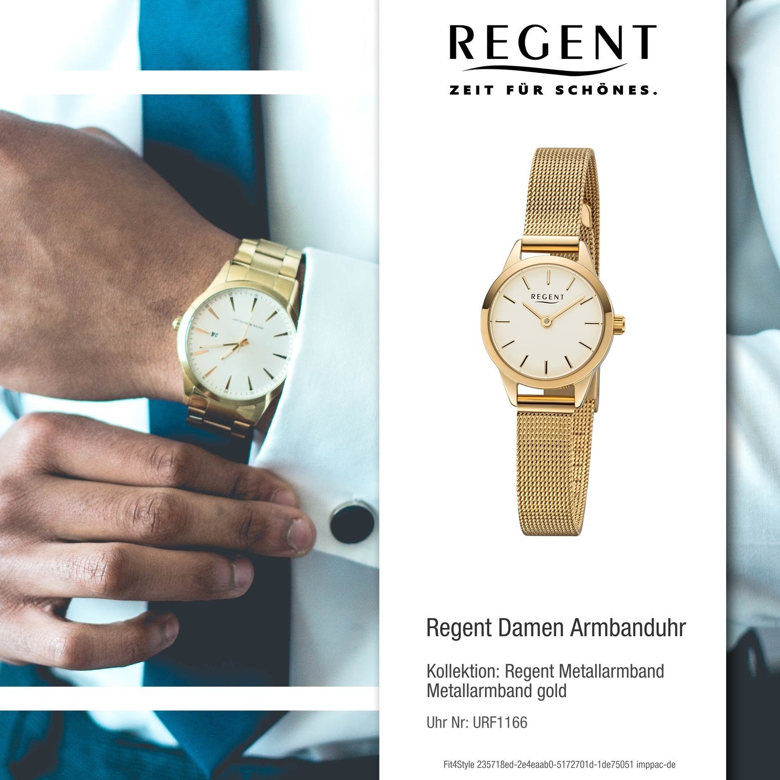 Damenuhr (ca. rundes Quarzuhr Damen klein Metall Gehäuse, Metallarmband gold, 18mm) Uhr Analog, Regent F-1166 Regent
