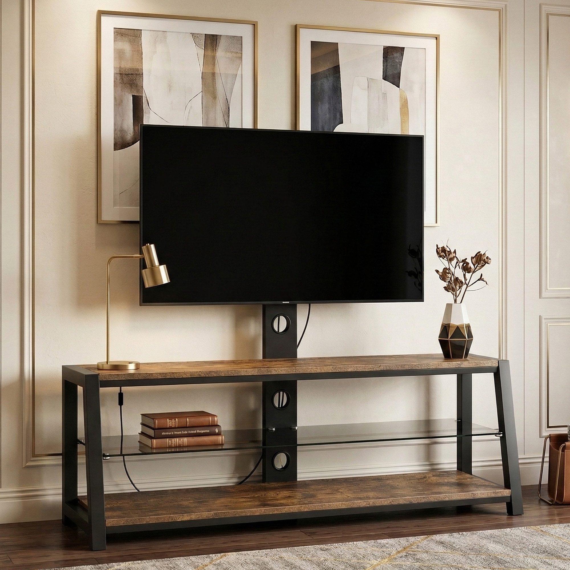 MODFU TV-Ständer TV-Regal mit Holz und schwarzem Hartglas, (Schwenkbares Entertainment-Center, mit höhenverstellbarem TV-Wagen und Wandhalterung, TV-Schrank H125/B116/T42 cm)