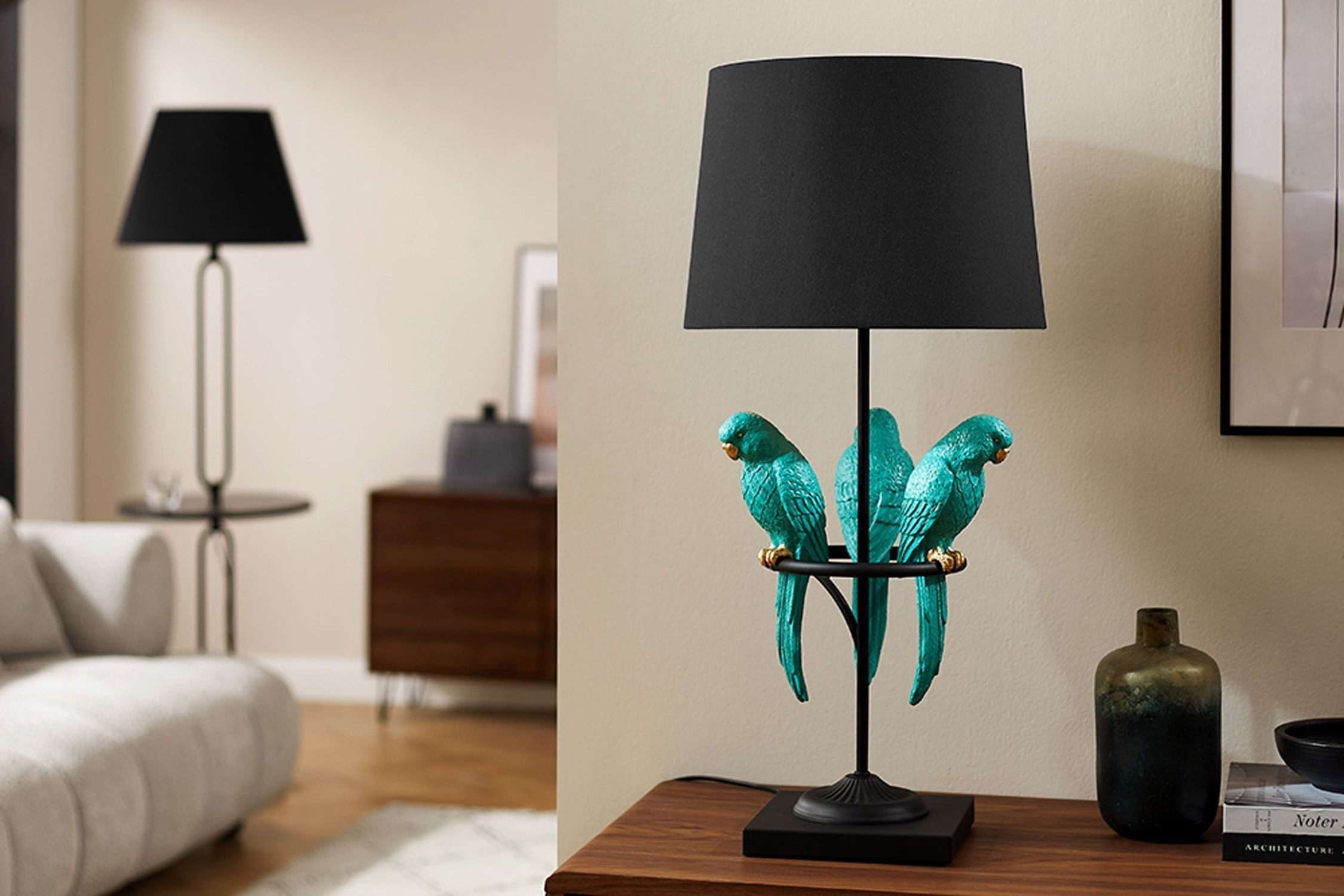 Licht-Erlebnisse Nachttischlampe ILARI, ohne Leuchtmittel, Schwarz Türkis 75 cm hoch Metall Stoff Polyresin Papageien E27 Modern