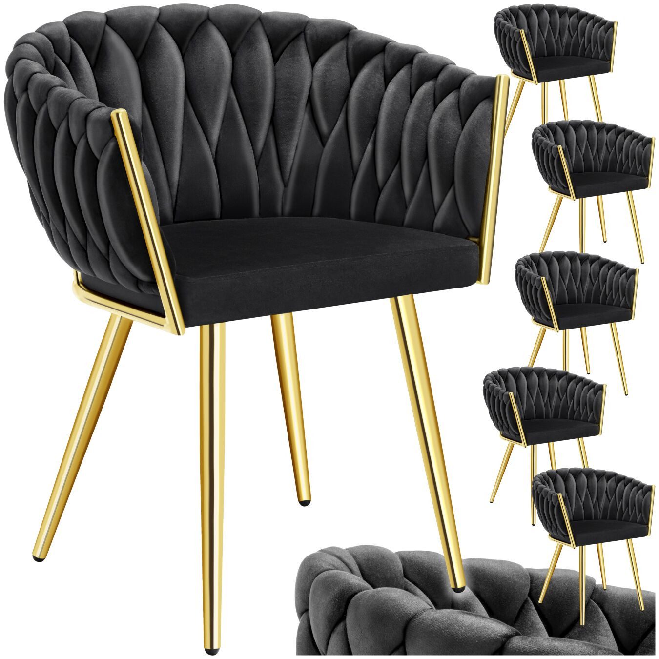 tectake Esszimmerstuhl Samtstuhl gepolstert, mit Samtbezug, Knotendesign, 60,5 x 55 x 75 cm (Polsterstuhl Astano in schwarz/gold, 6 St), Stahlbeine, höhenverstellbare Kunststofffüße, Belastbarkeit 120 kg
