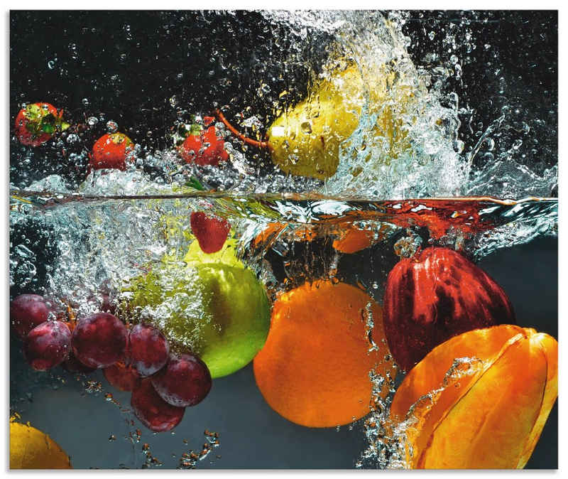 Artland Küchenrückwand »Spritzendes Obst auf dem Wasser«, (1-tlg), selbstklebend in vielen Größen - Spritzschutz Küche hinter Herd u. Spüle als Wandschutz vor Fett, Wasser u. Schmutz - Rückwand, Wandverkleidung aus Alu