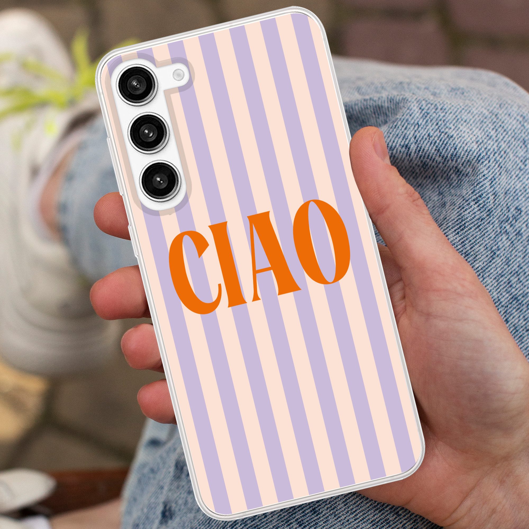 MuchoWow Handyhülle für Samsung Galaxy S23 Plus Ciao - Zitat - Pastell - Streifen, Phone Case, Silikon, Schutzhülle Dünn