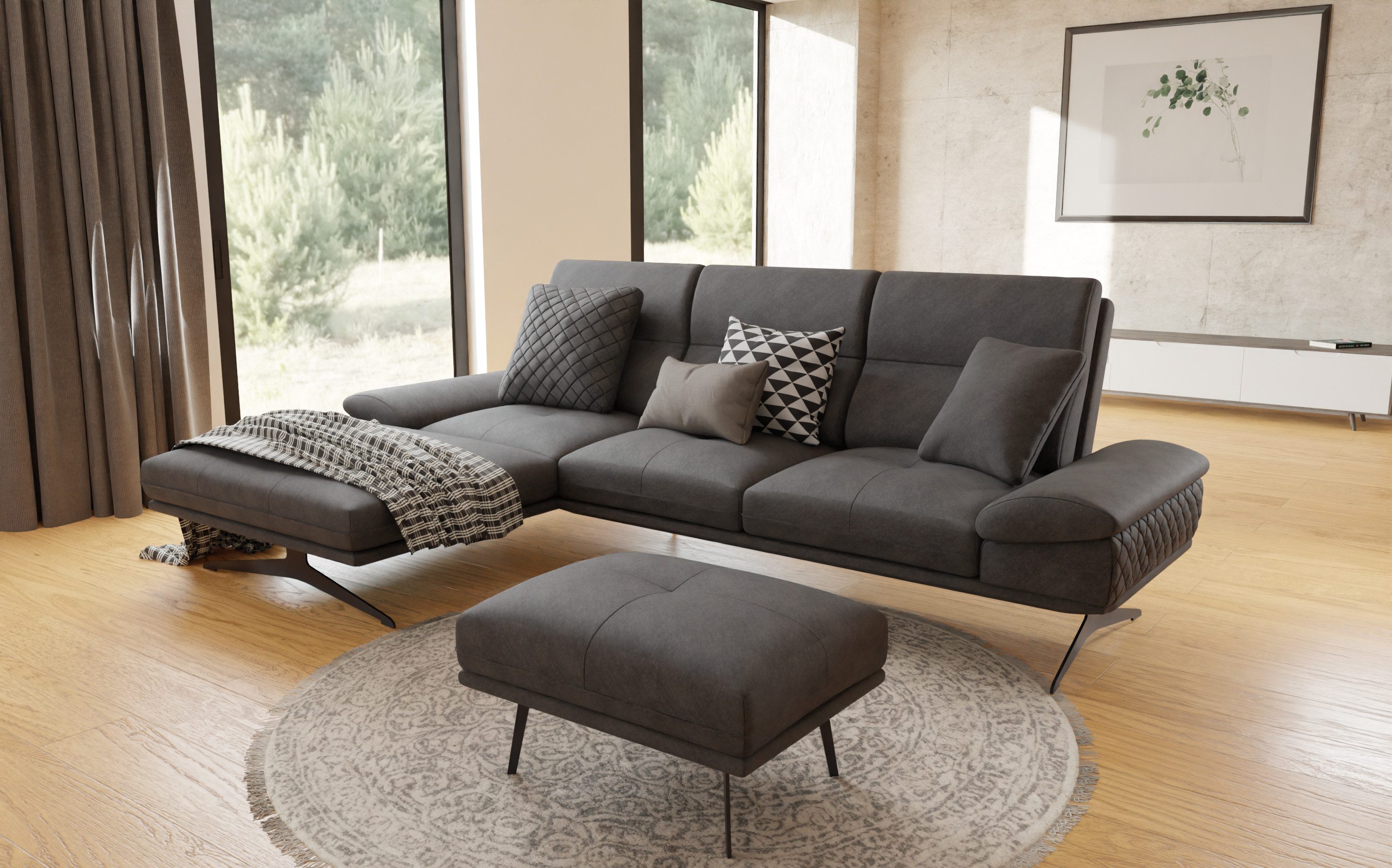 S-Style Möbel Polsterhocker Kari mit Hohe schwarze Metall Füße in Samt-Stoff, mit Wellenfederung