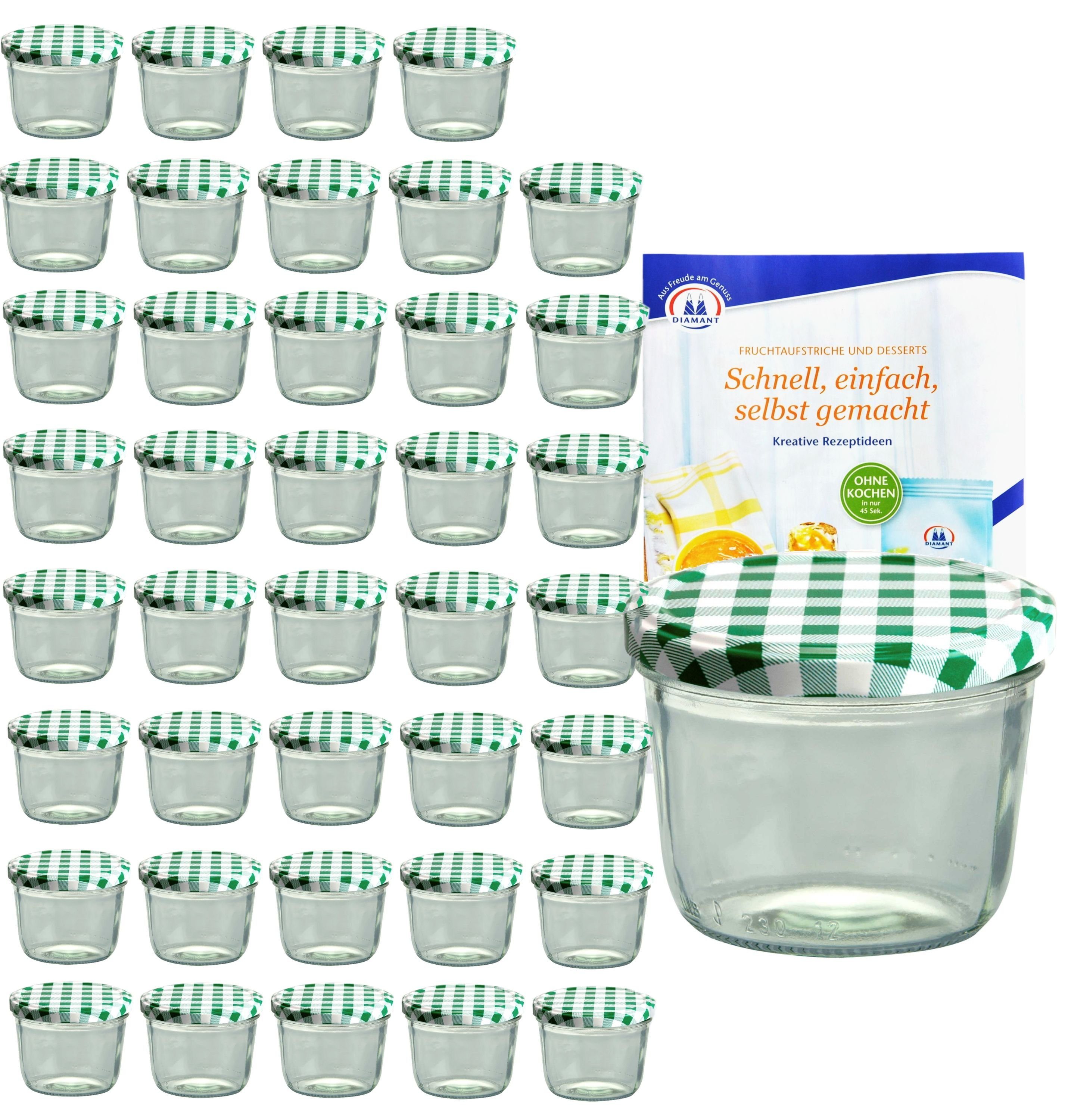 MamboCat Einmachglas 40er Set Sturzglas 230 ml mit grün kariertem Deckel inkl. Rezeptheft, Glas