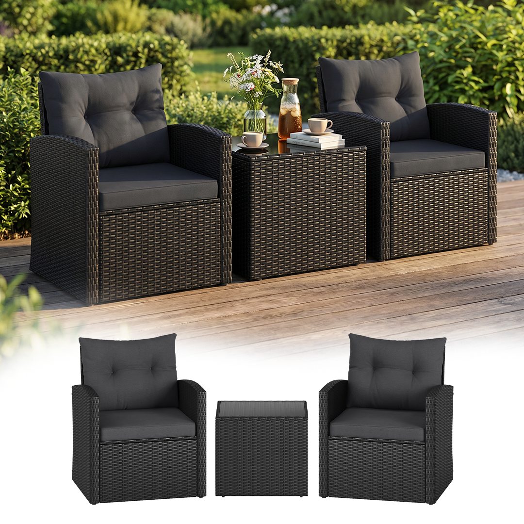 STEELSØN Sitzgruppe Selaria, Sitzgarnitur wetterfest, Terrassenmöbel inkl. Sitzkissen, (2-tlg., Schwarz), Gartenlounge mit 2 Stühlen & Tisch