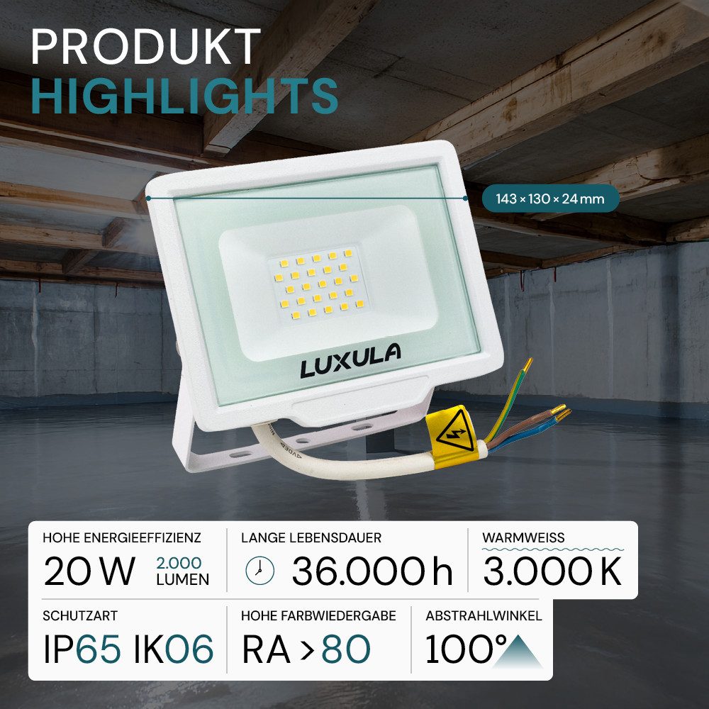 LUXULA LED Flutlichtstrahler LED-Fluter, 20 W, 3000 K (warmweiß), 2000 lm, weiß, IP65, LED fest integriert, Warmweiß