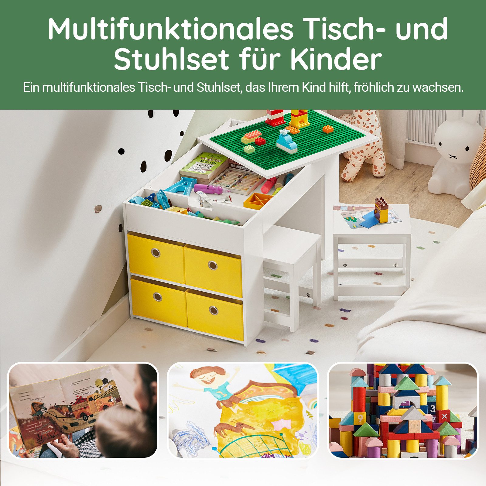 SoBuy Kindersitzgruppe KMB75, Spieltisch Kindermöbel Multifunktions Möbelset, Kindertisch mit 2 Stühlen Kindersitzgruppe Spieltisch Kinder Tisch Set