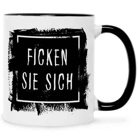 GRAVURZEILE Tasse mit Spruch - "Ficken Sie sich", Keramik, Farbe: Schwarz & Weiß