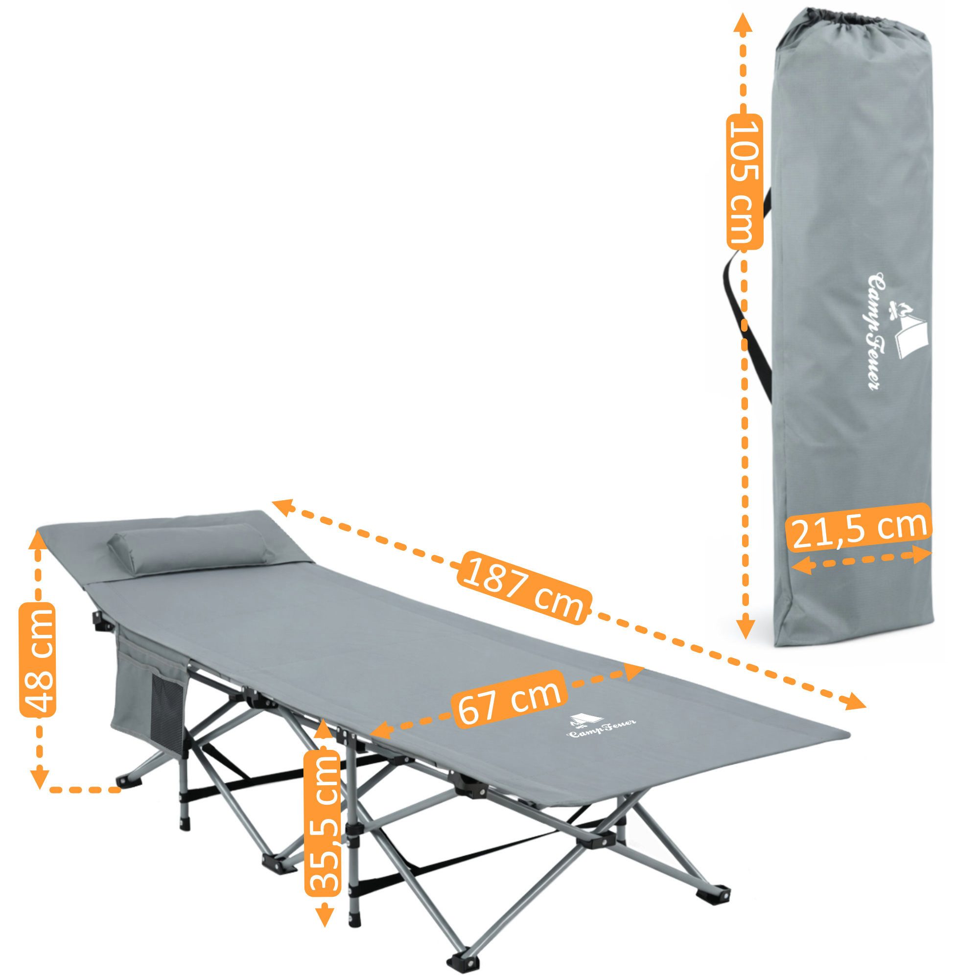 CampFeuer Campingliege Campingbett mit Kopfkissen, Anthrazit, bis 150 kg, 187 x 67 x 48 cm Hohe Belastbarkeit – Bild 3 von 5