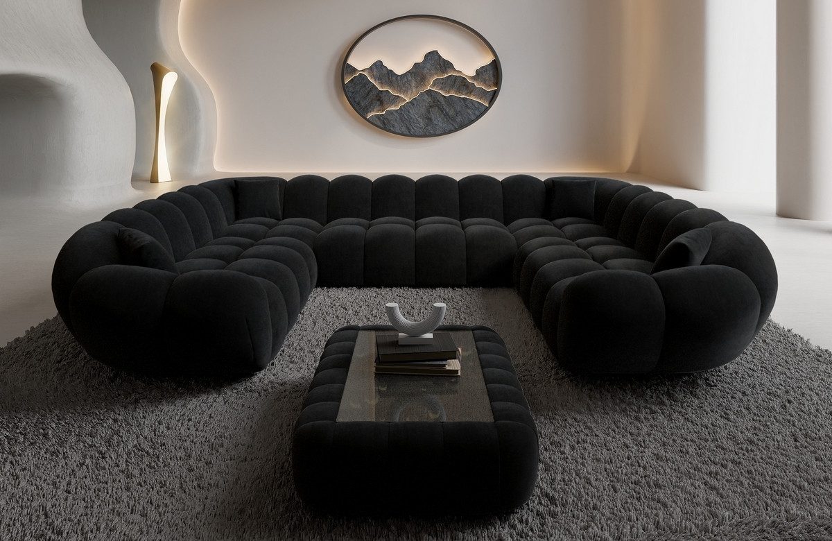 Sofa Dreams Loungesofa Maleron XXL Panorama Design Couch, Stoff Wohnlandschaft, 6-Sitzer, Sofa, Samtstoff Bezug in Schwarz