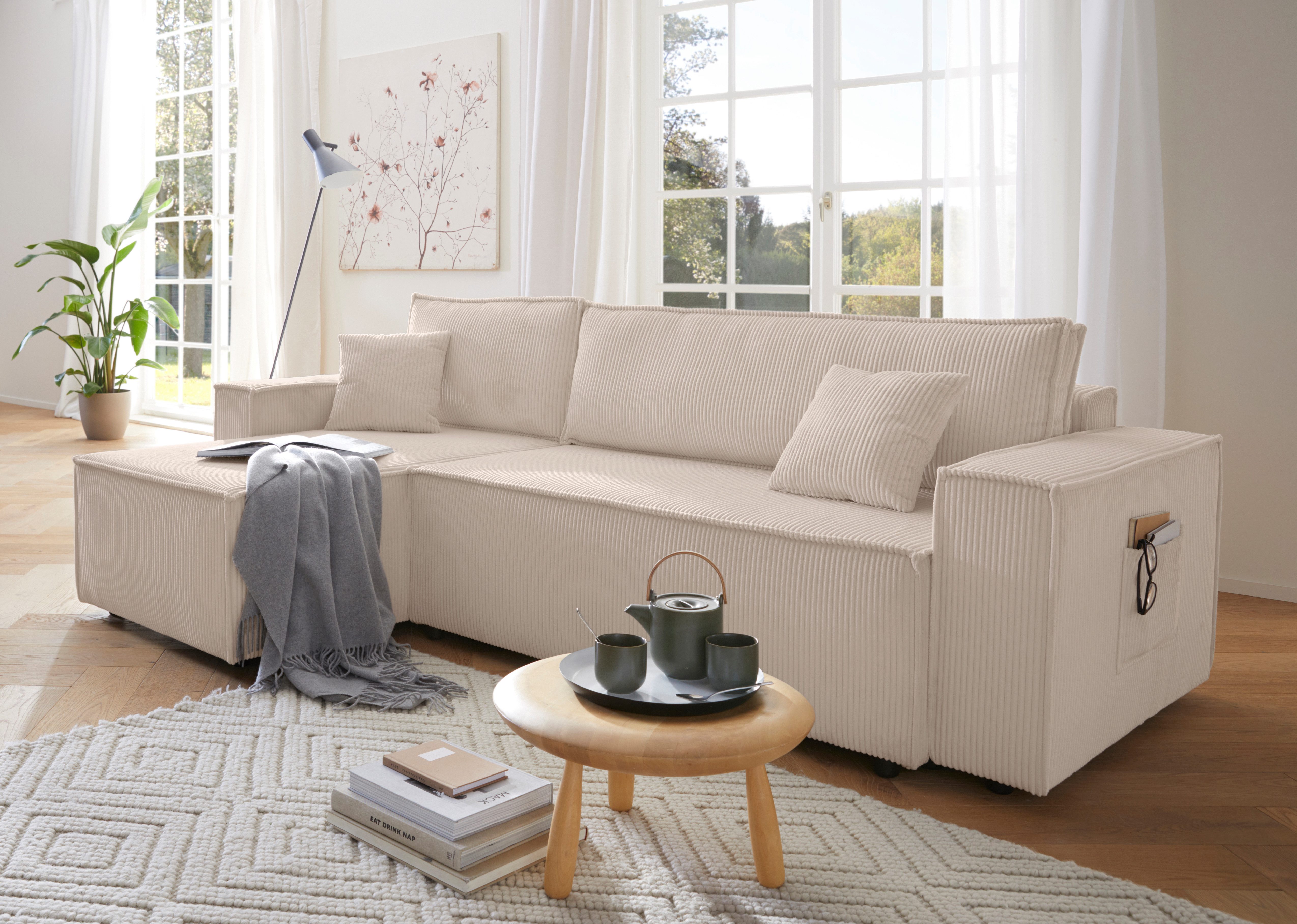 OTTO home Ecksofa CASSI, 241cm, L-Form, Schlafsofa, Dauerschläfer, Boxspringfederung, Schlaffunktion (133/200),Bettkasten, Recamiere links/rechts, Cord
