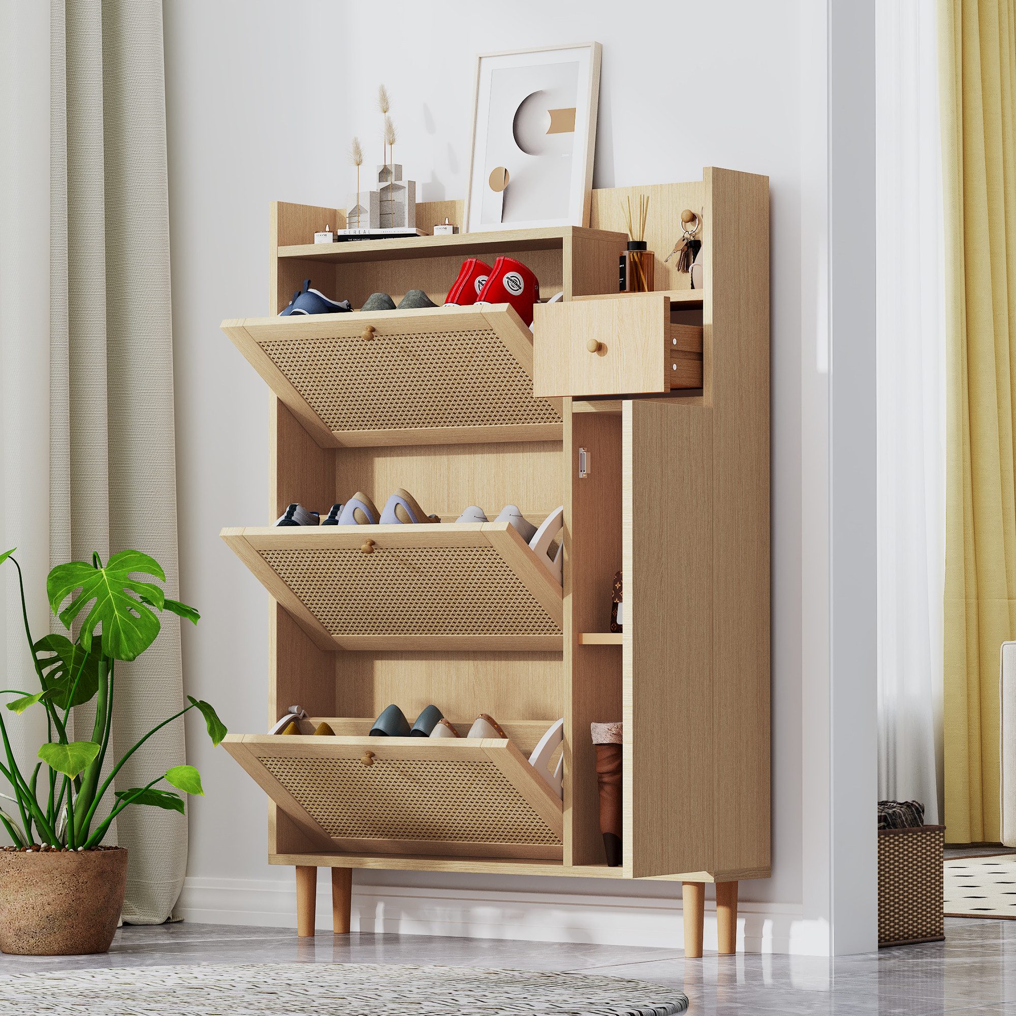 KLAM HOME Schuhschrank Holzwerkstoff Schuhschrank aus Rattan,mit 3 Kipp-Türen und 1 Schublade Massivholzbeinen und Griffen – Maße: B90/H125/T17 cm