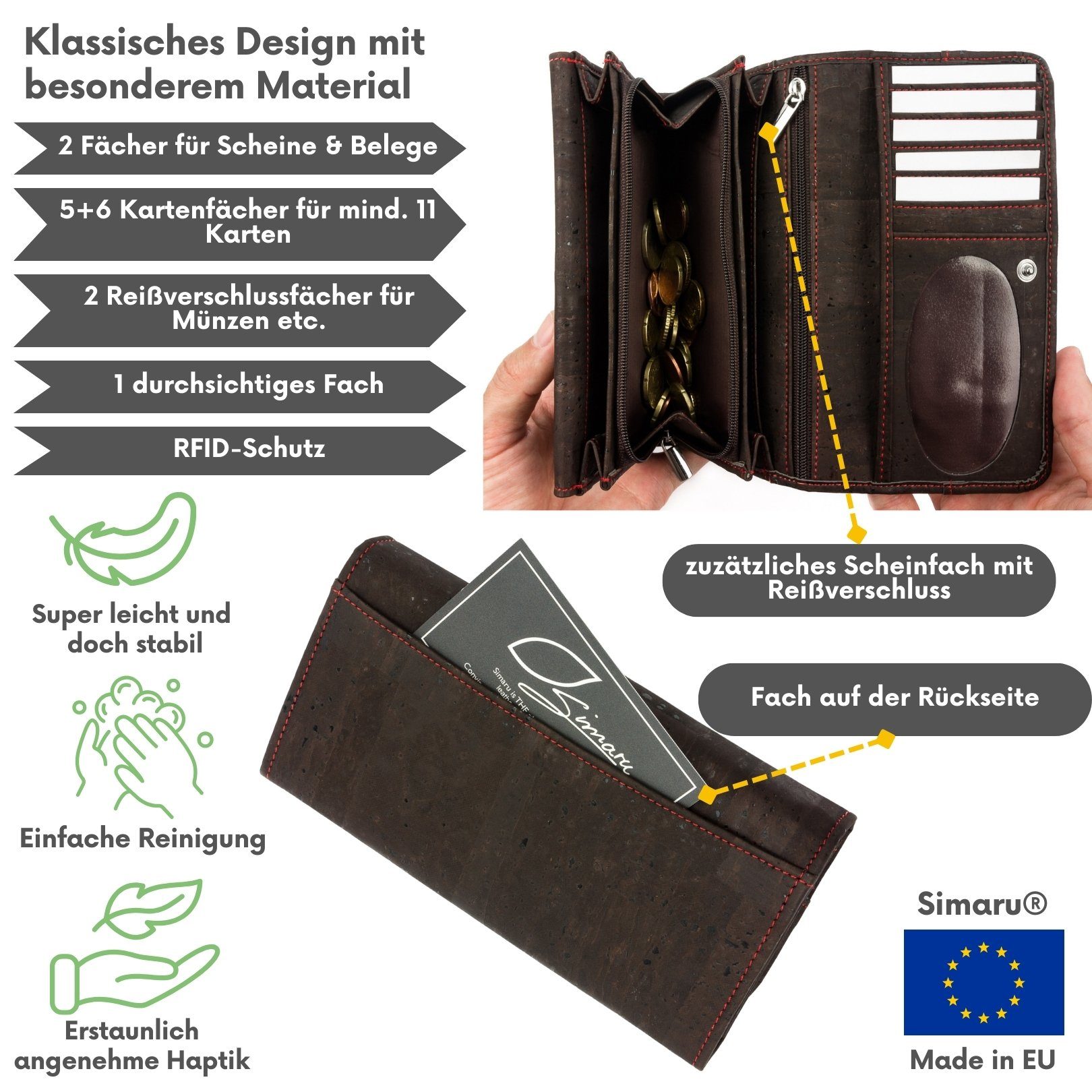 Simaru Geldbörse MAJA, Geldbörse für Damen aus Kork & vegan & RFID-Schutz & wasserabweisend