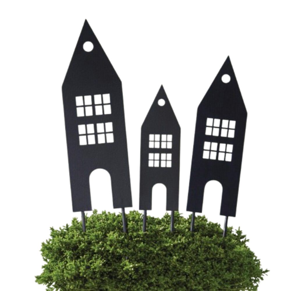 Home-trends24.de Gartenstecker Gartenstecker Blumenstecker Häuser 3er Set Schwarz Pflanzenstecker (3-St)
