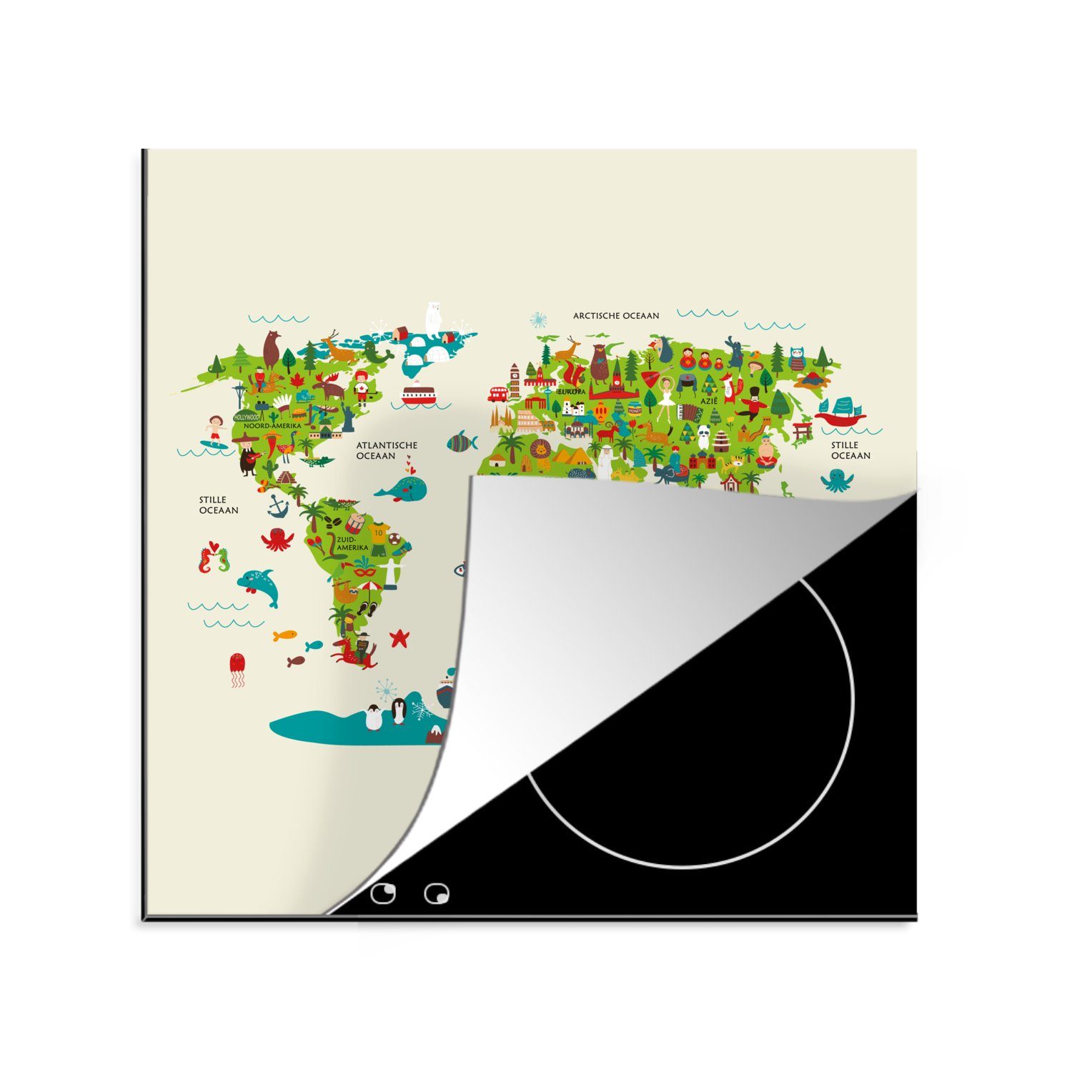 MuchoWow Herdblende-/Abdeckplatte Weltkarte Kinder - Farben - Atlas, Vinyl, (1 tlg), 78x78 cm, Ceranfeldabdeckung, Arbeitsplatte für küche