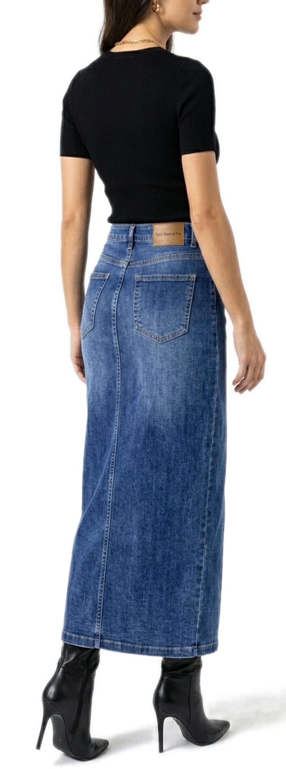 dy_mode Jeansrock Damen Maxi Rock High Waist mit Frontschlitz Jeansrock Freizeitrock High Waist, mit Gehschlitz