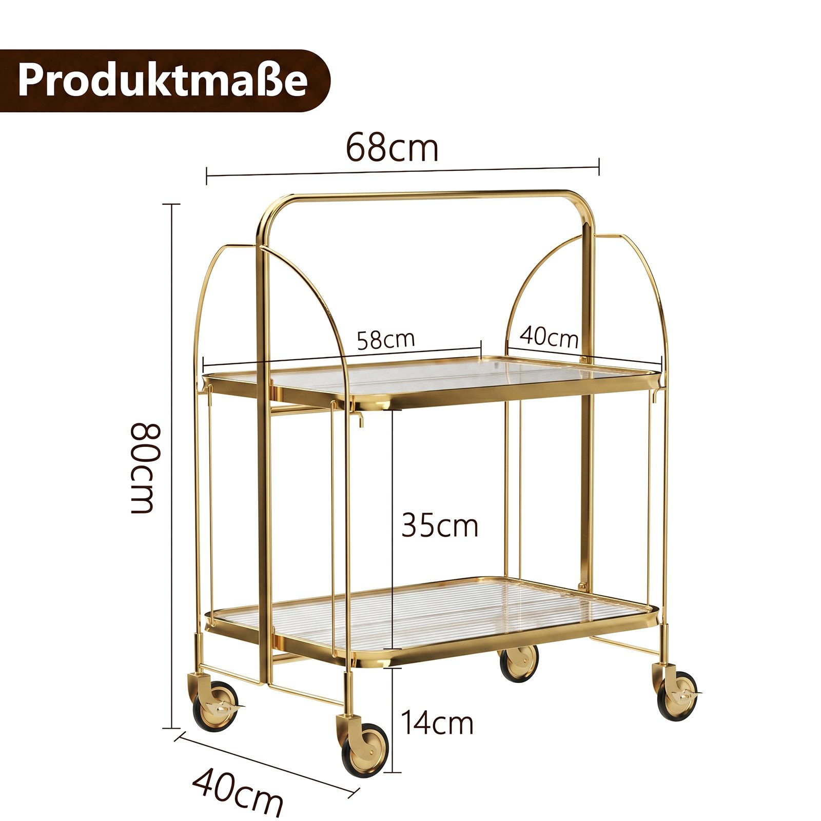 GLIESE Küchenwagen Goldener klappbarer Küchenwagen Beistelltisch Aufbewahrungswagen, 2 Sicherheitsglas-Ablagen, verchromt, 4 leise Rollen, 2 Bremsen