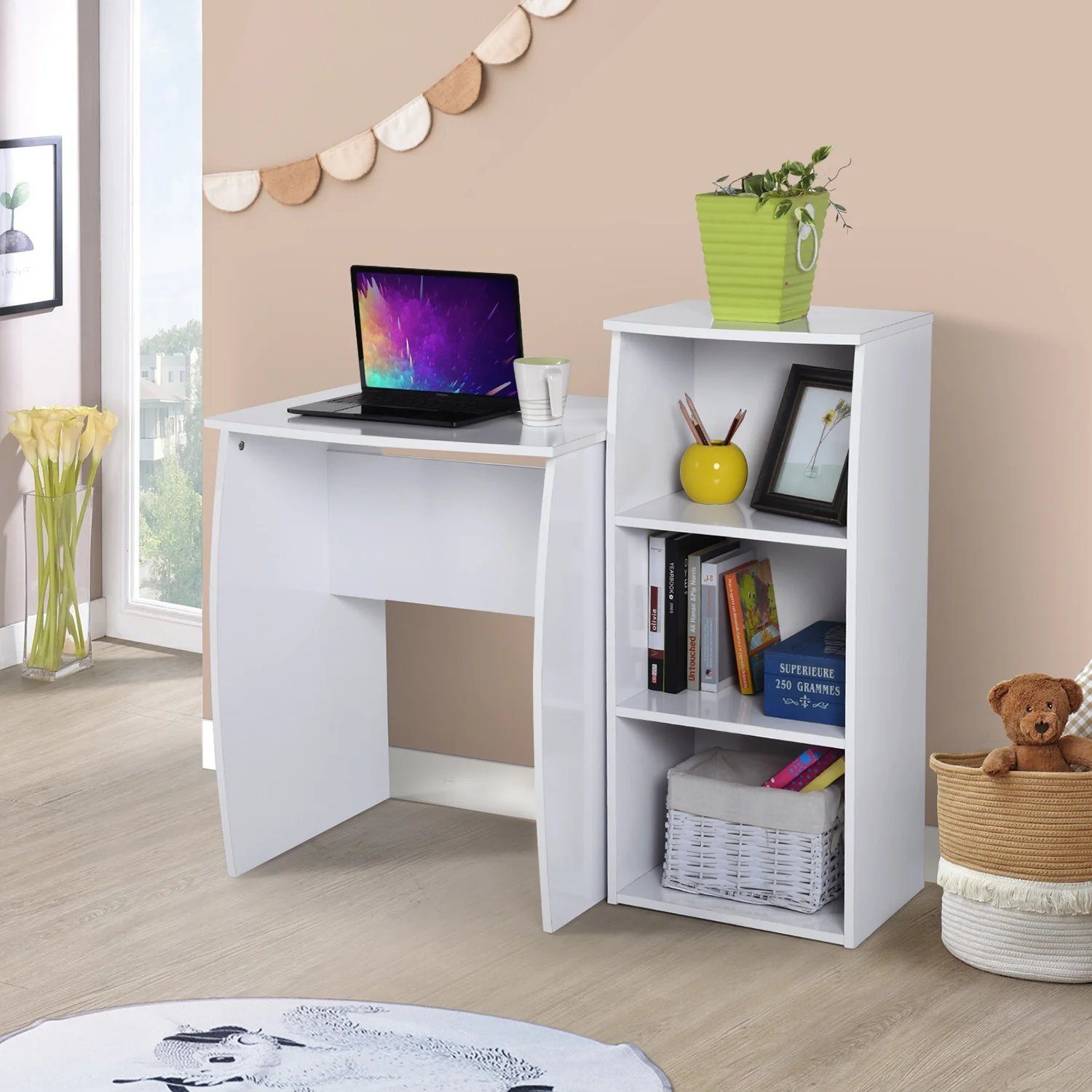 Bürotisch-Kombi mit Weiß Coonoor 3 Moderner Design Nordisches in Schreibtisch Bücherregalen,